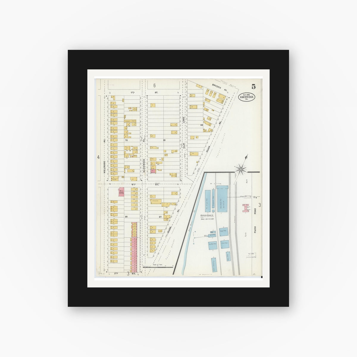 Old map wall art mockup — black gallery frame with white mat — Sanborn Fire Insurance Map from Ambridge, Beaver County, Pennsylvania (1905), Sheet #0005