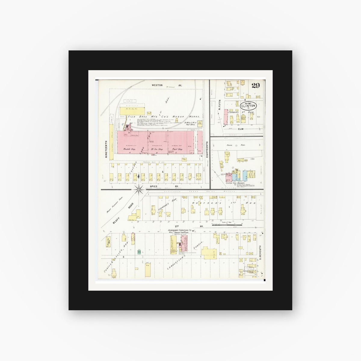Old map wall art mockup — black gallery frame with white mat — Sanborn Fire Insurance Map from Clinton, Clinton County, Iowa (1897), Sheet #0029
