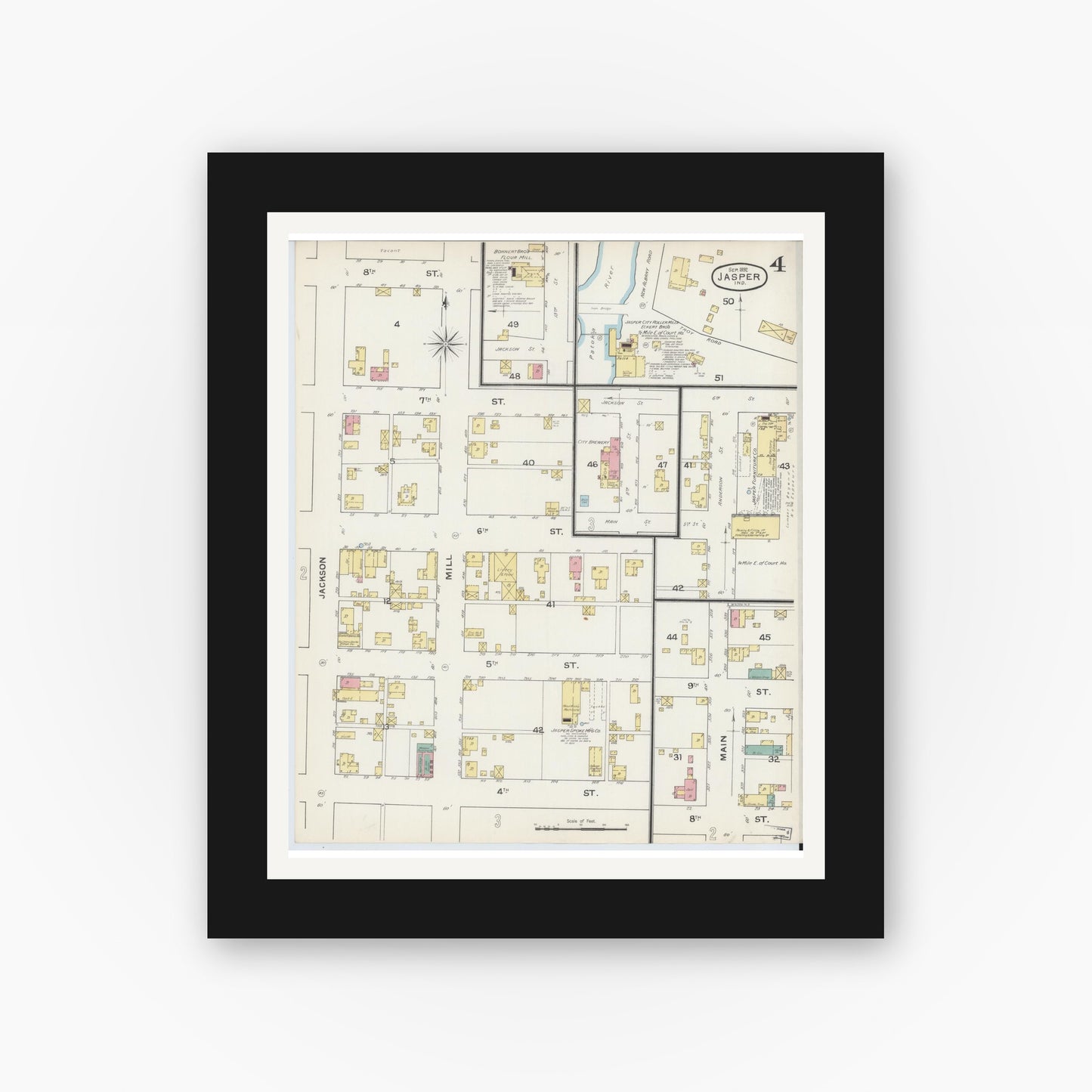 Old map wall art mockup — black gallery frame with white mat — Sanborn Fire Insurance Map from Jasper, Dubois County, Indiana (1892), Sheet #0004