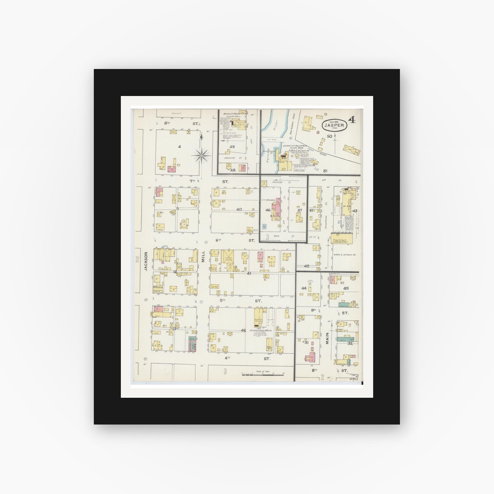 Old map wall art mockup — black gallery frame with white mat — Sanborn Fire Insurance Map from Jasper, Dubois County, Indiana (1892), Sheet #0004