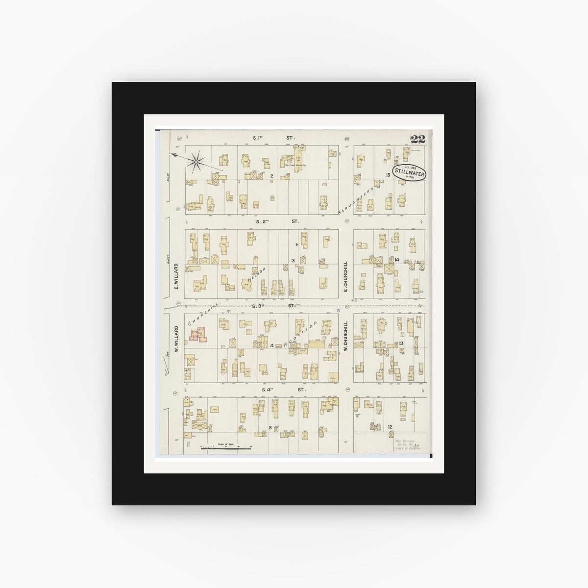 Old map wall art mockup — black gallery frame with white mat — Sanborn Fire Insurance Map from Stillwater, Washington County, Minnesota (1888), Sheet #0022