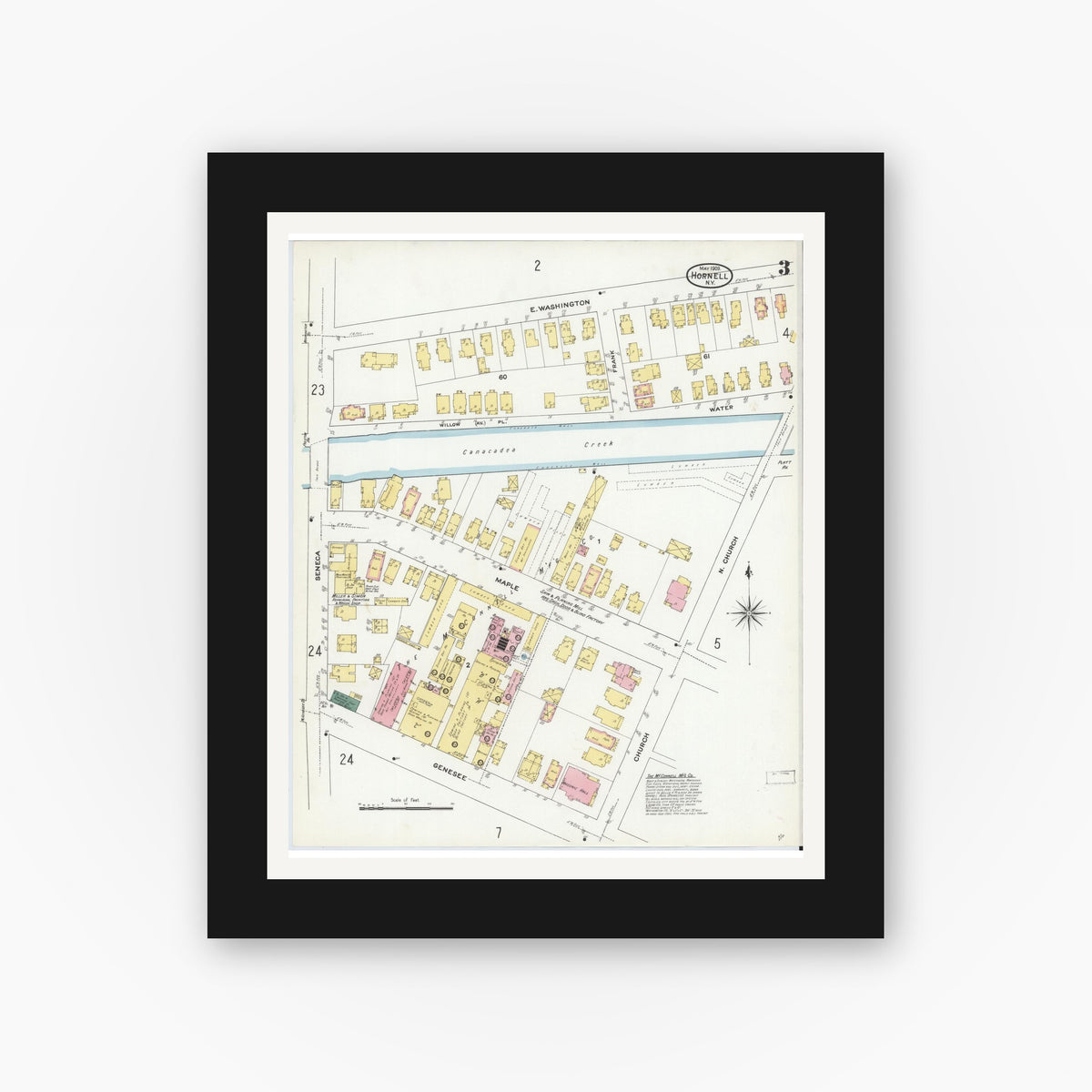 Old map wall art mockup — black gallery frame with white mat — Sanborn Fire Insurance Map from Hornell, Steuben County, New York (1909), Sheet #0003