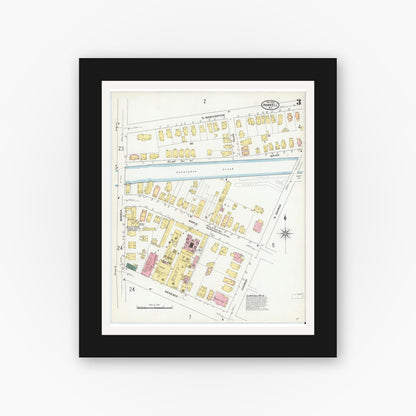 Old map wall art mockup — black gallery frame with white mat — Sanborn Fire Insurance Map from Hornell, Steuben County, New York (1909), Sheet #0003