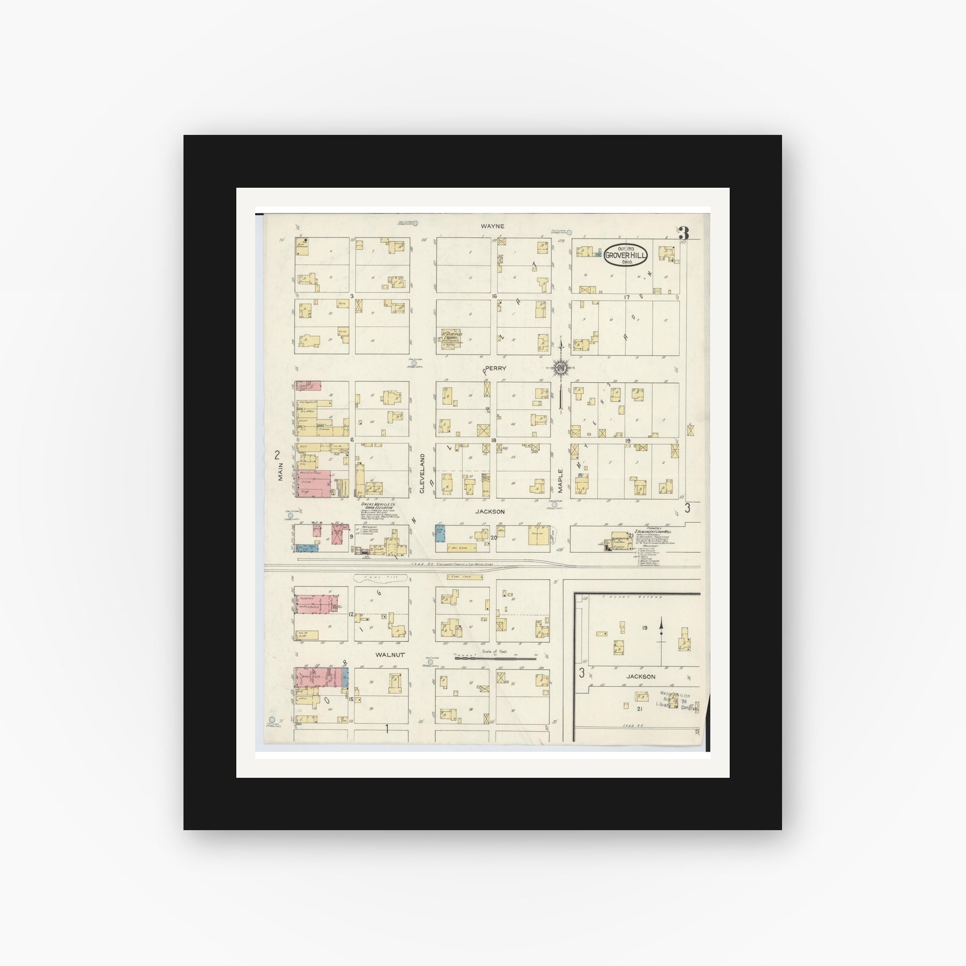 Old map wall art mockup — black gallery frame with white mat — Sanborn Fire Insurance Map from Grover Hill, Paulding County, Ohio (1913), Sheet #0003