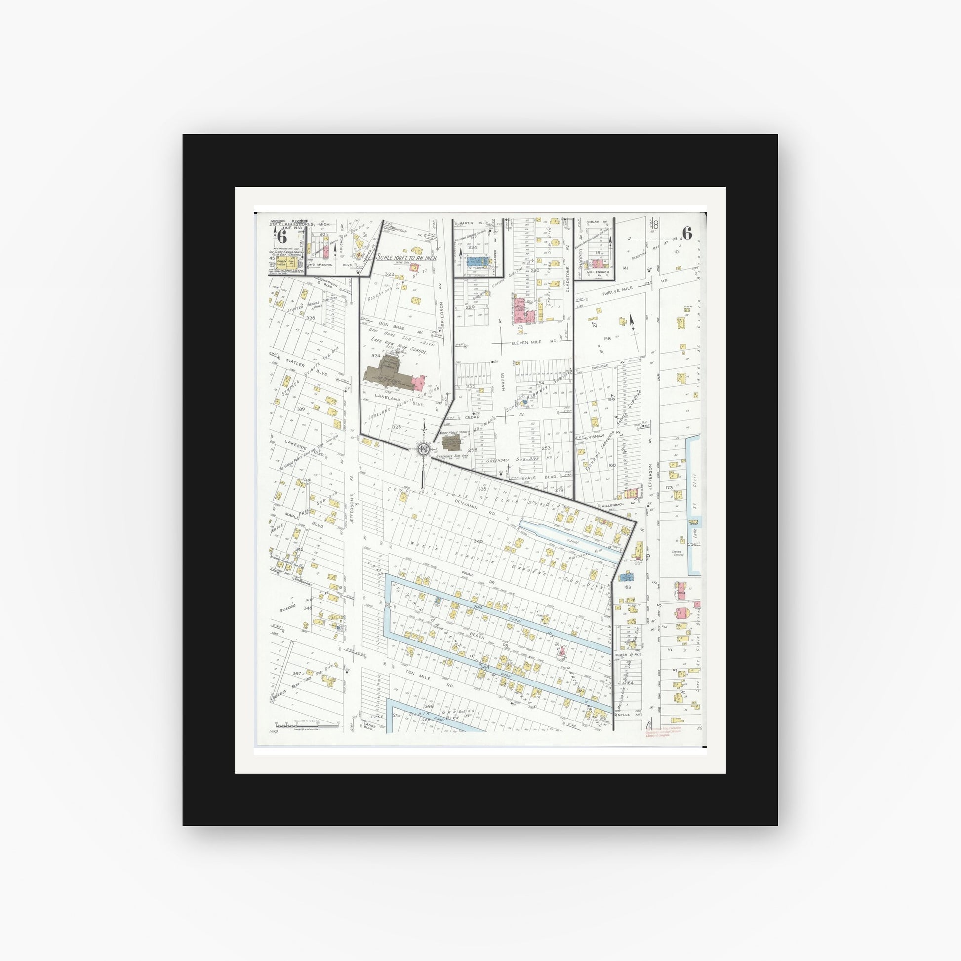 Old map wall art mockup — black gallery frame with white mat — Sanborn Fire Insurance Map from Saint Clair Shores, Macomb County, Michigan (1933), Sheet #0006
