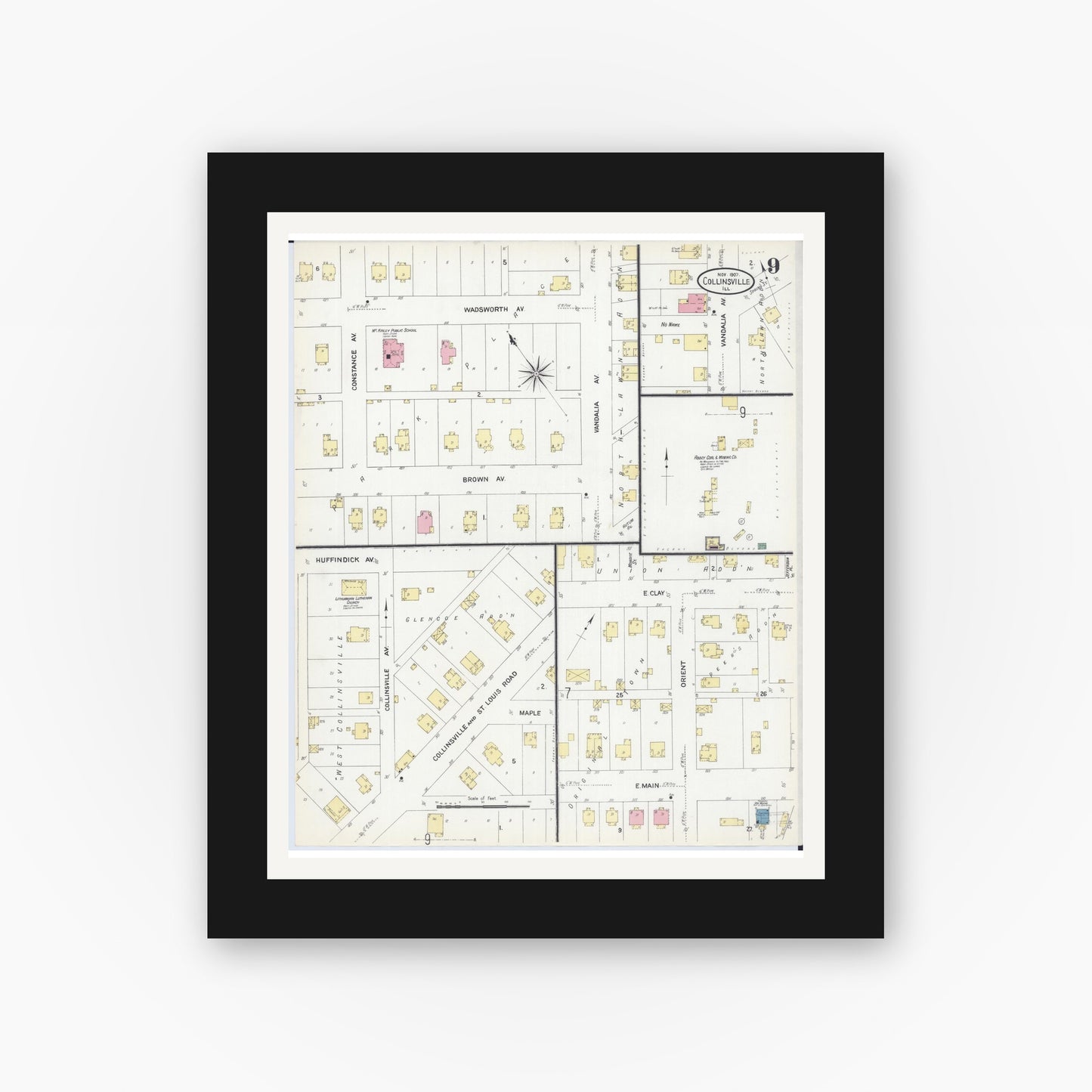 Old map wall art mockup — black gallery frame with white mat — Sanborn Fire Insurance Map from Collinsville, Madison County, Illinois (1907), Sheet #0009