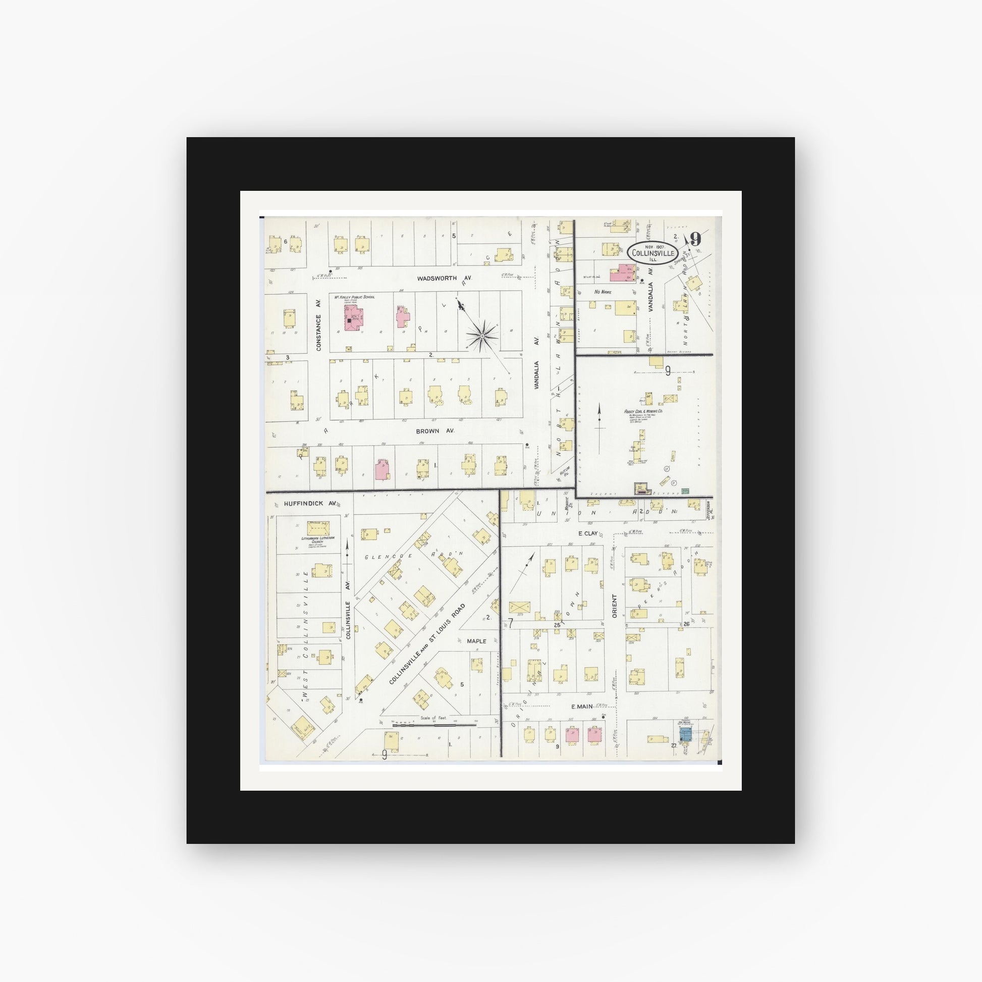 Old map wall art mockup — black gallery frame with white mat — Sanborn Fire Insurance Map from Collinsville, Madison County, Illinois (1907), Sheet #0009
