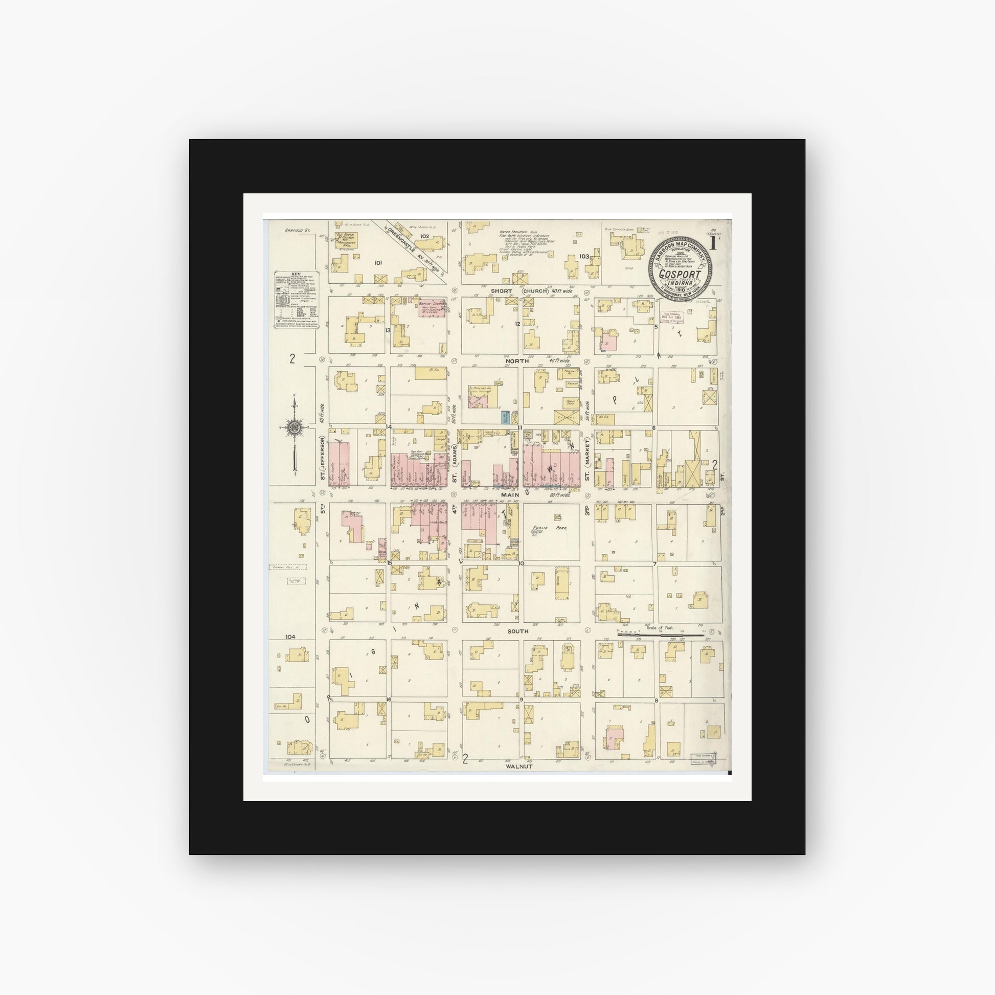 Old map wall art mockup — black gallery frame with white mat — Sanborn Fire Insurance Map from Gosport, Owen County, Indiana (1910) - Complete Map Set