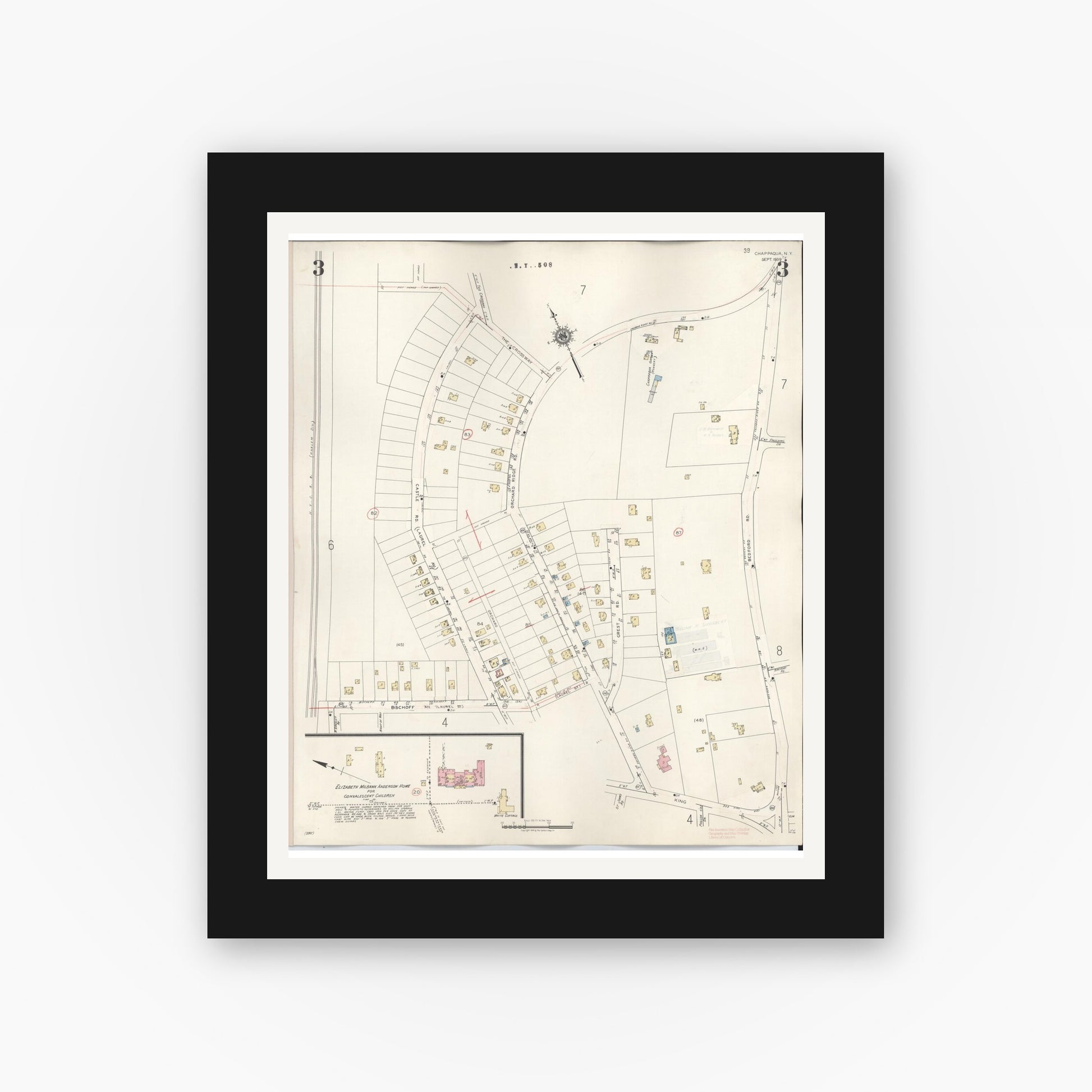 Old map wall art mockup — black gallery frame with white mat — Sanborn Fire Insurance Map from Chappaqua, Westchester County, New York (1947), Sheet #0003