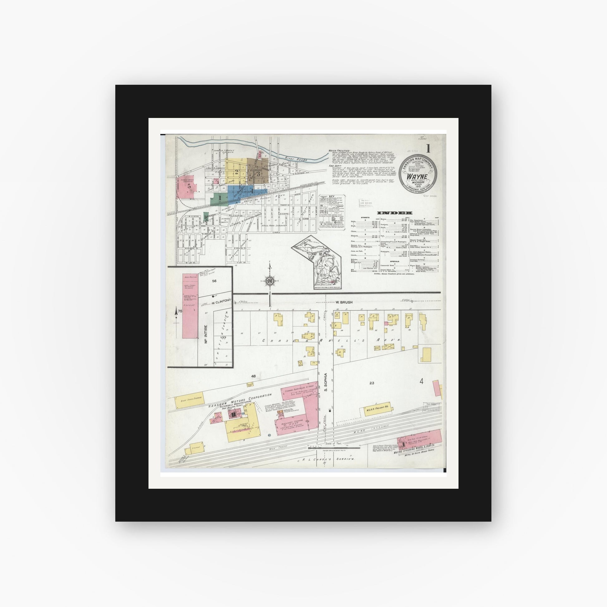 Old map wall art mockup — black gallery frame with white mat — Sanborn Fire Insurance Map from Wayne, Wayne County, Michigan (1919) - Complete Map Set