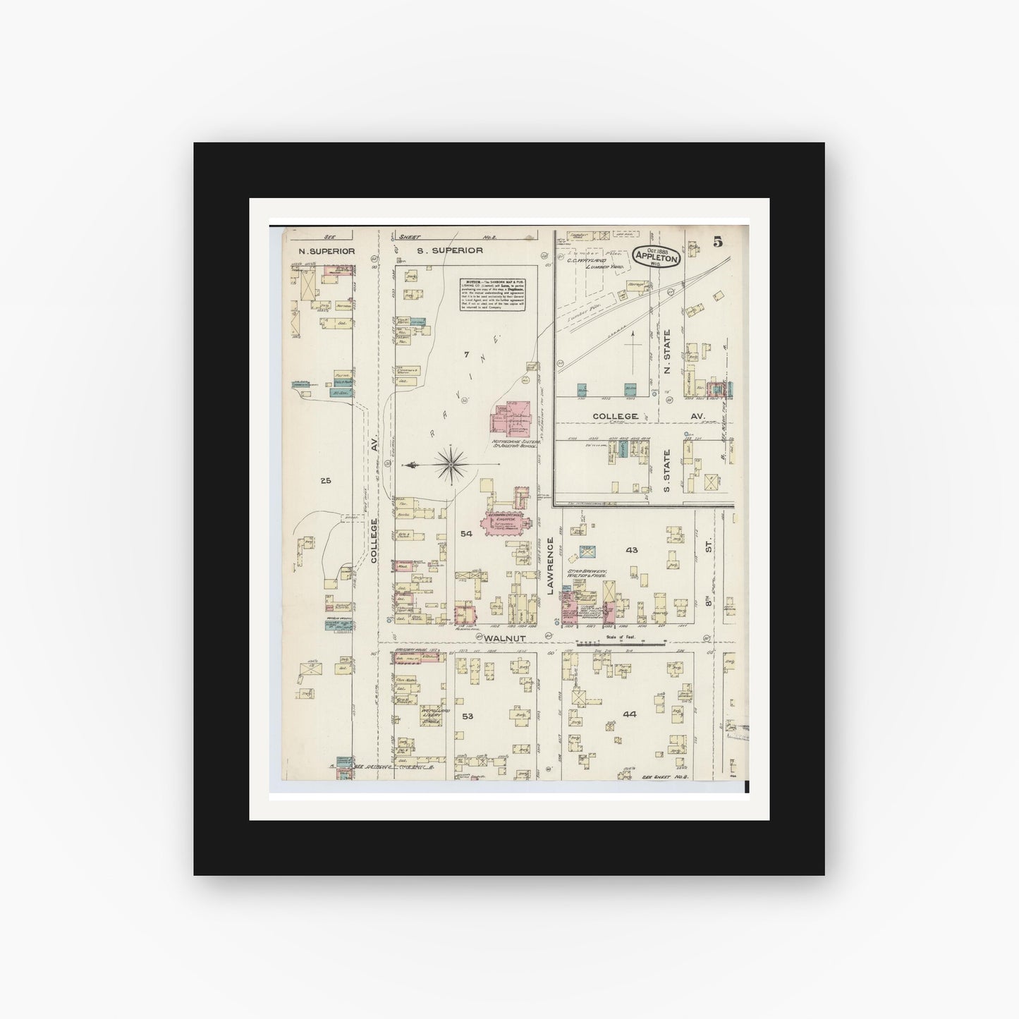 Old map wall art mockup — black gallery frame with white mat — Sanborn Fire Insurance Map from Appleton, Outagamie County, Wisconsin (1883), Sheet #0005