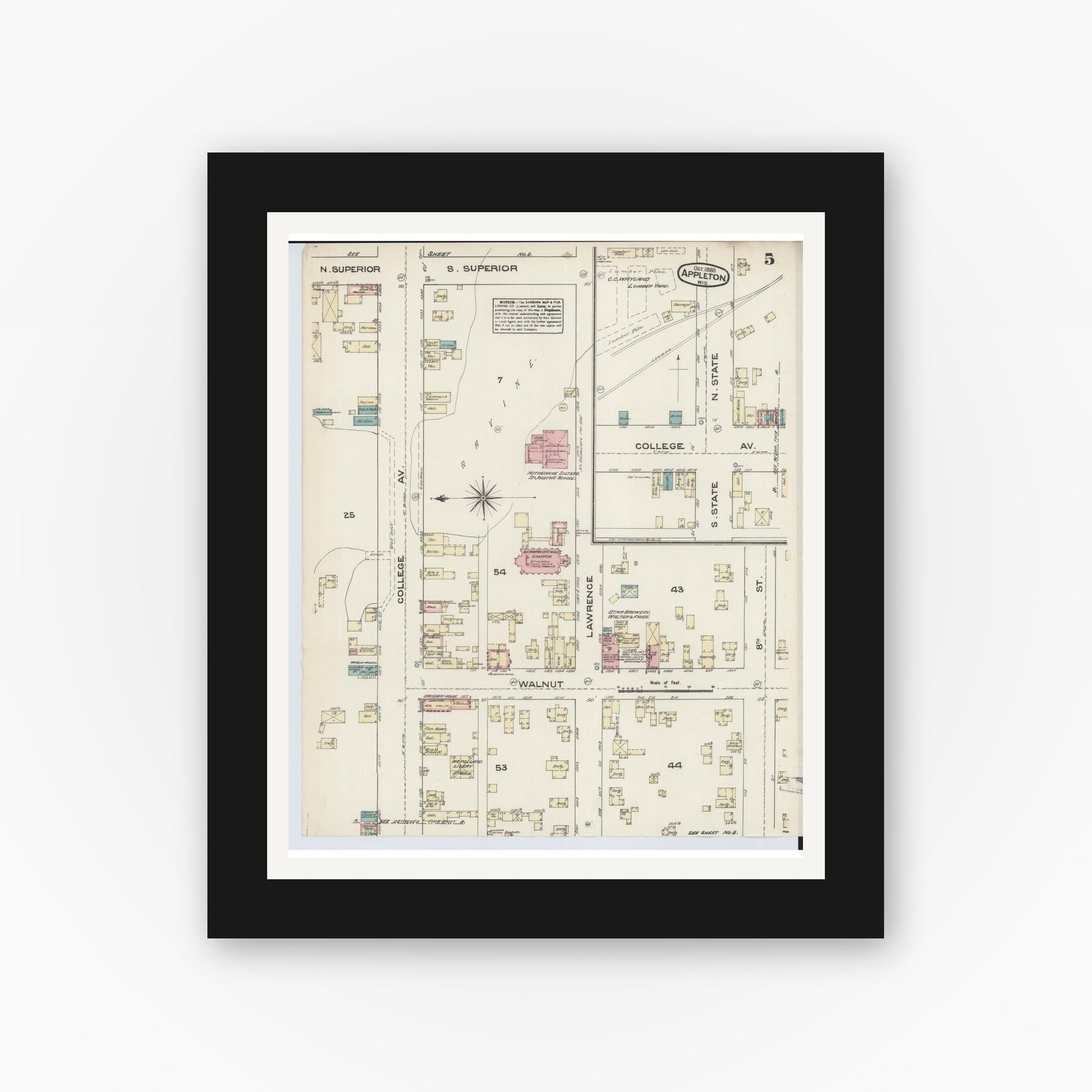 Old map wall art mockup — black gallery frame with white mat — Sanborn Fire Insurance Map from Appleton, Outagamie County, Wisconsin (1883), Sheet #0005