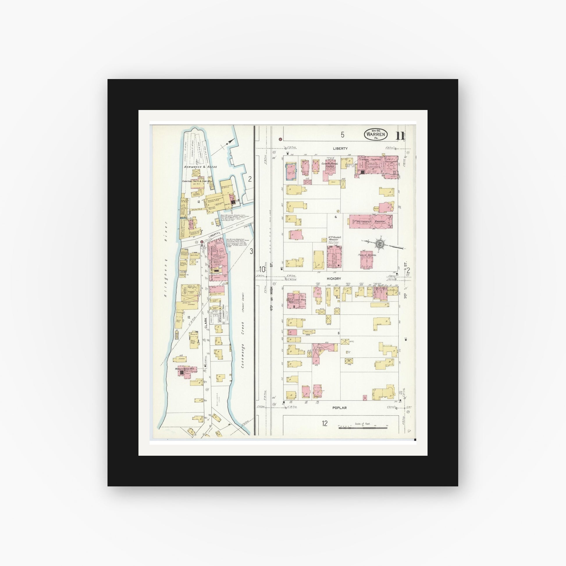 Old map wall art mockup — black gallery frame with white mat — Sanborn Fire Insurance Map from Warren, Warren County, Pennsylvania (1912), Sheet #0011