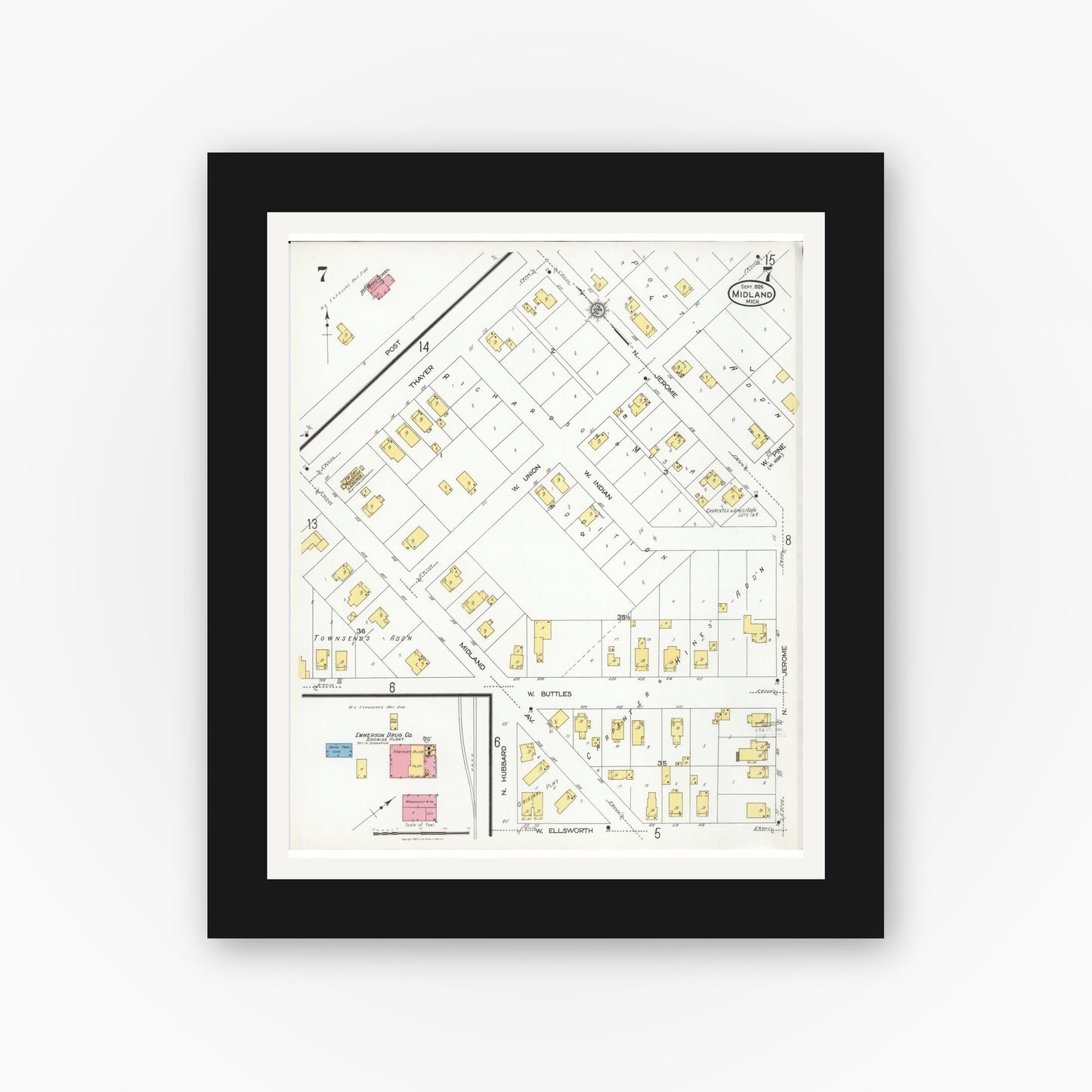 Old map wall art mockup — black gallery frame with white mat — Sanborn Fire Insurance Map from Midland, Midland County, Michigan (1926), Sheet #0007