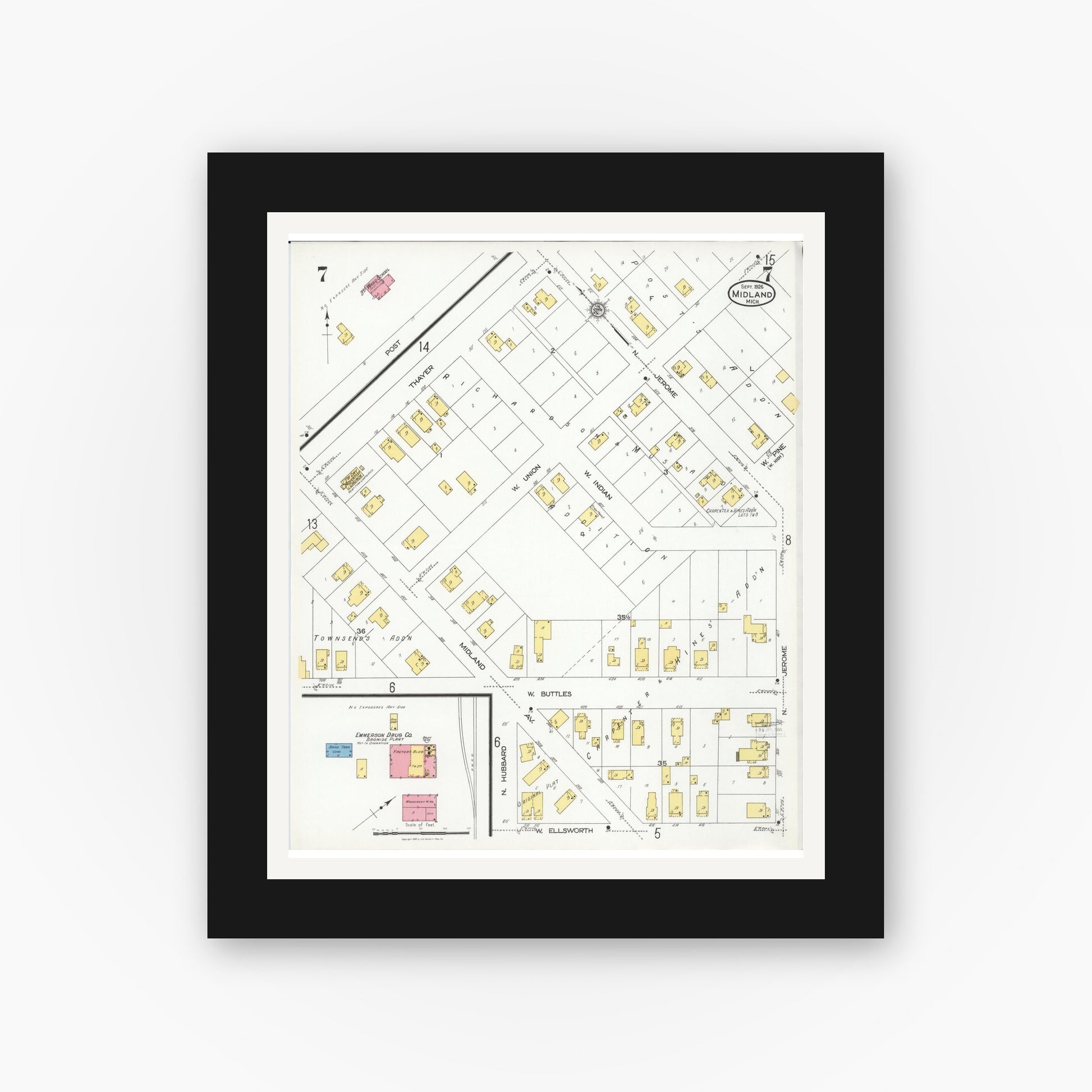 Old map wall art mockup — black gallery frame with white mat — Sanborn Fire Insurance Map from Midland, Midland County, Michigan (1926), Sheet #0007