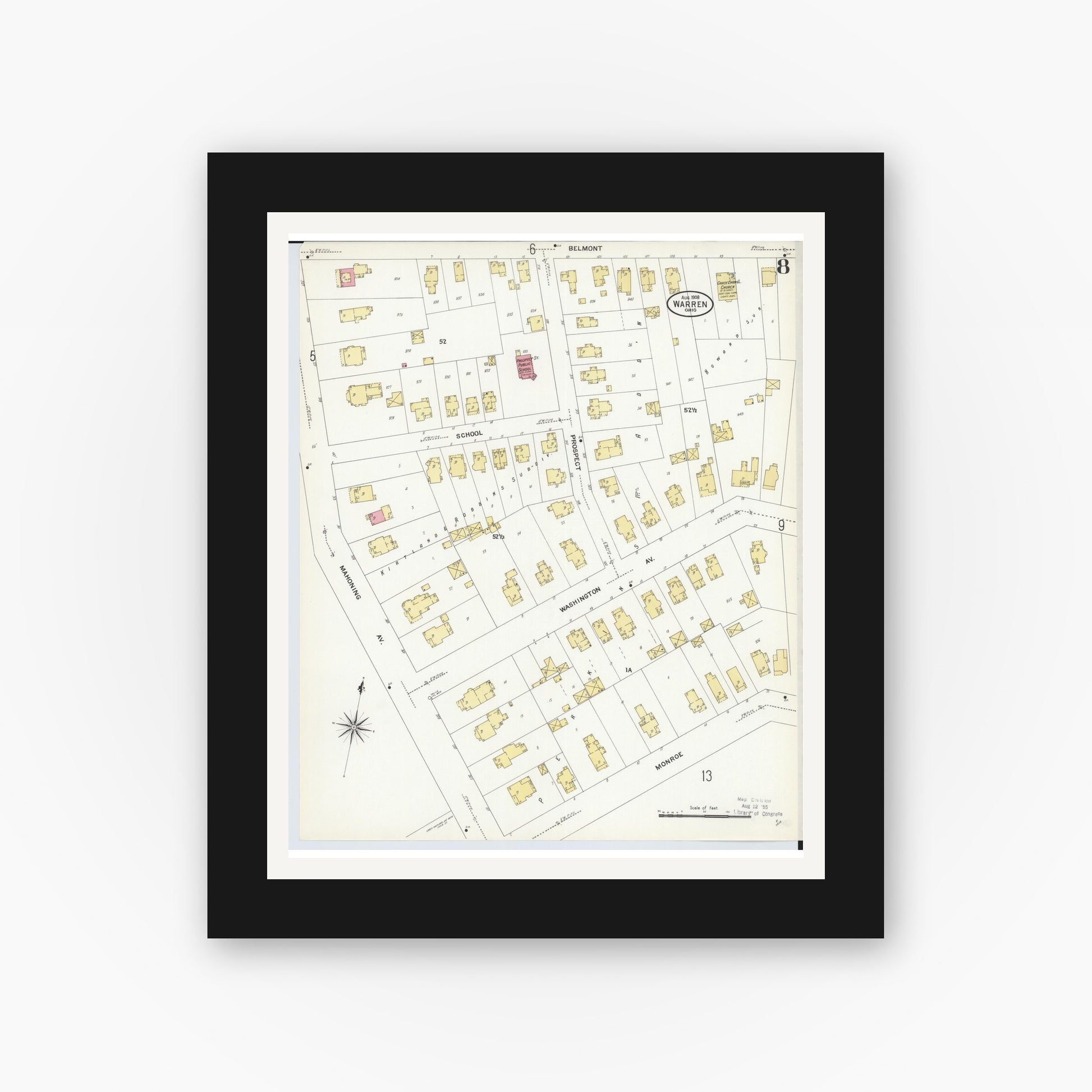 Old map wall art mockup — black gallery frame with white mat — Sanborn Fire Insurance Map from Warren, Trumbull County, Ohio (1908), Sheet #0008