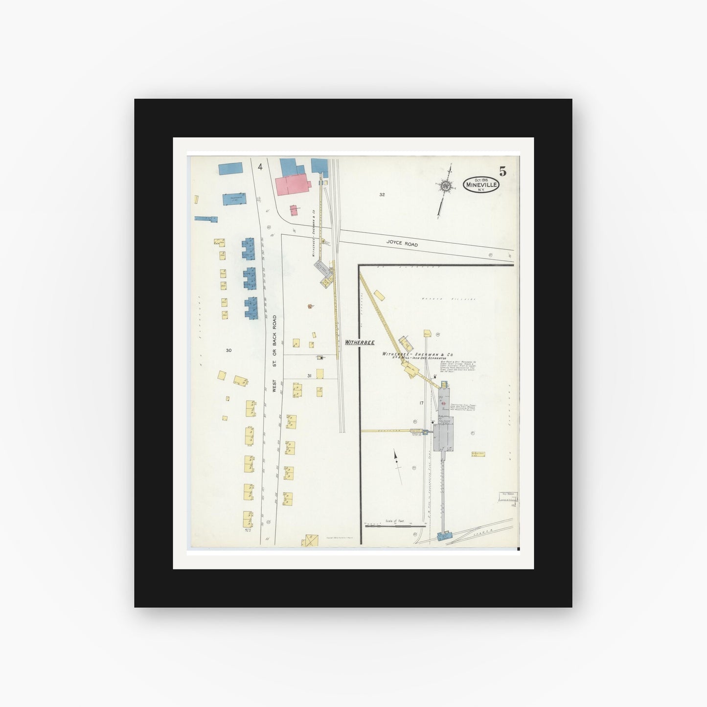 Old map wall art mockup — black gallery frame with white mat — Sanborn Fire Insurance Map from Mineville, Essex County, New York (1916), Sheet #0005