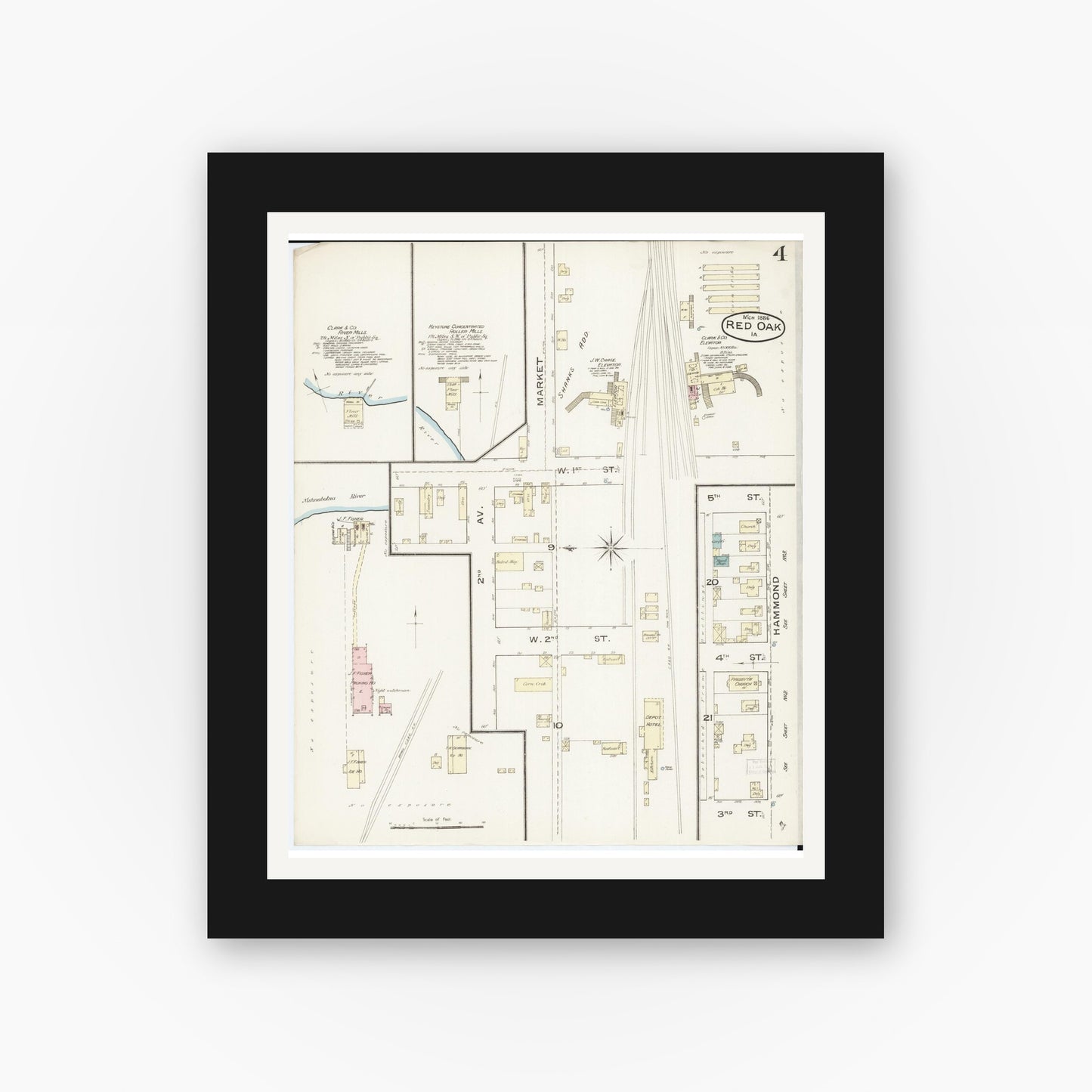 Old map wall art mockup — black gallery frame with white mat — Sanborn Fire Insurance Map from Red Oak, Montgomery County, Iowa (1886), Sheet #0004