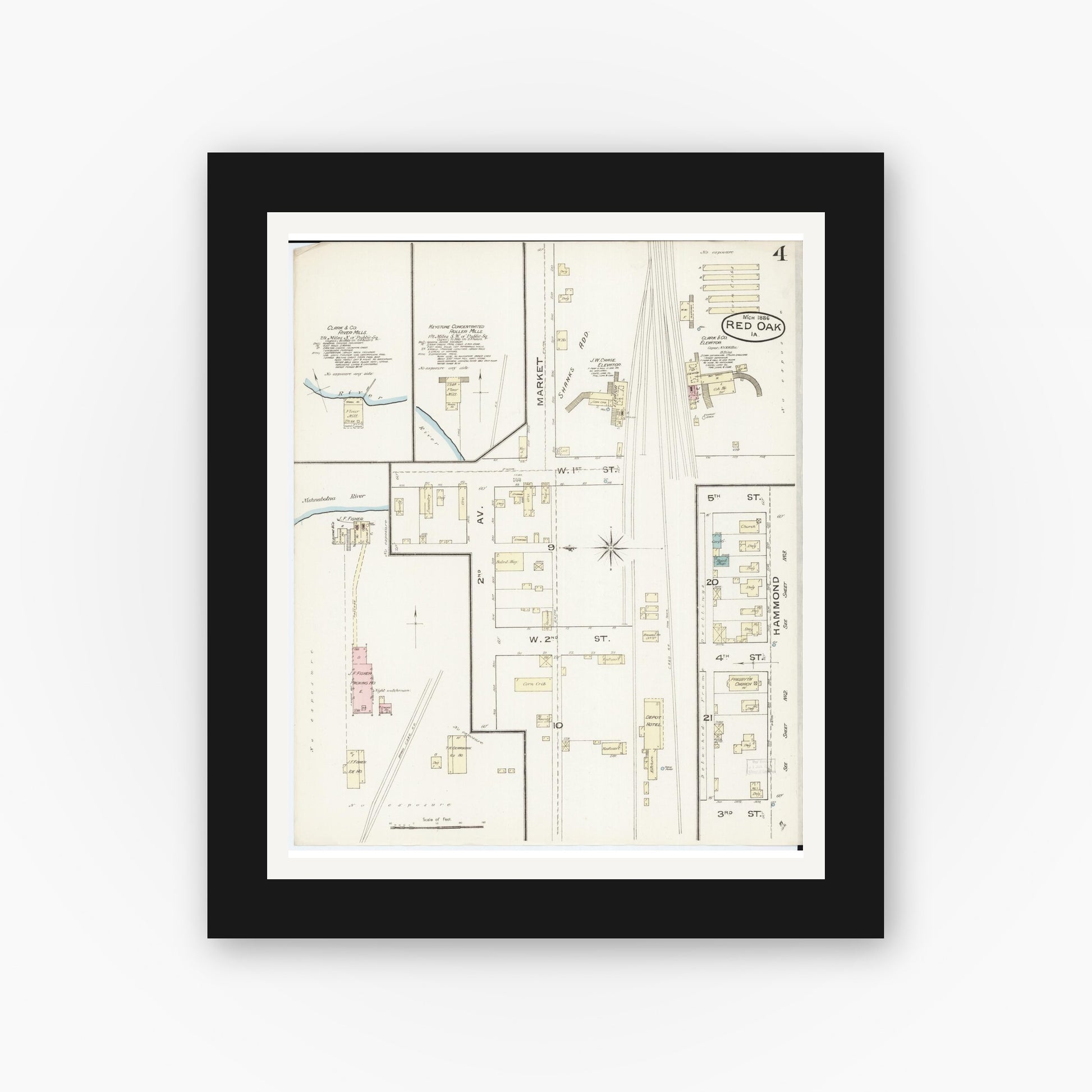 Old map wall art mockup — black gallery frame with white mat — Sanborn Fire Insurance Map from Red Oak, Montgomery County, Iowa (1886), Sheet #0004
