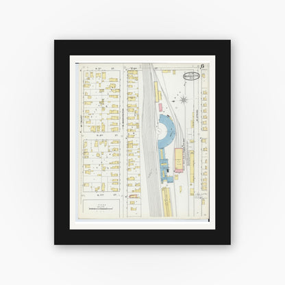 Old map wall art mockup — black gallery frame with white mat — Sanborn Fire Insurance Map from Marquette, Marquette County, Michigan (1892), Sheet #0006
