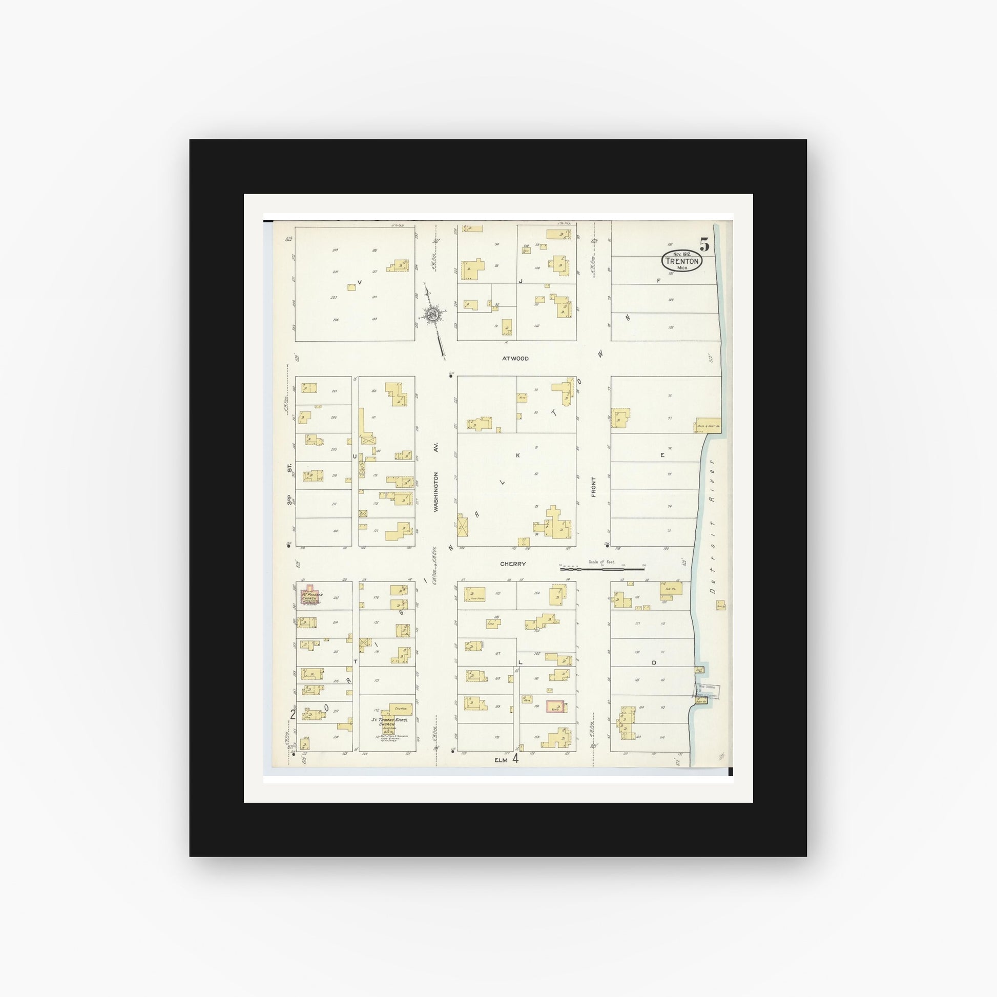 Old map wall art mockup — black gallery frame with white mat — Sanborn Fire Insurance Map from Trenton, Wayne County, Michigan (1912), Sheet #0005