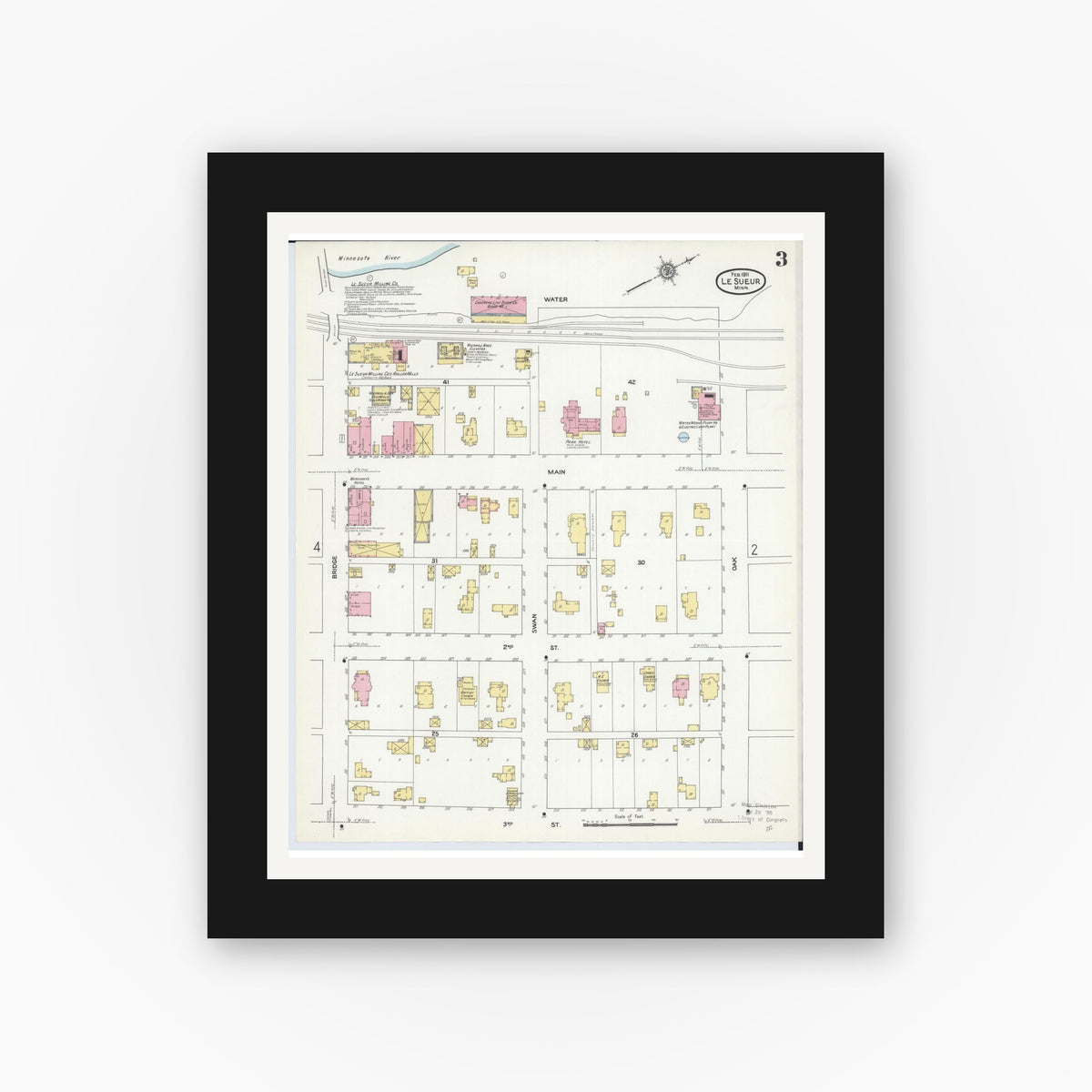 Old map wall art mockup — black gallery frame with white mat — Sanborn Fire Insurance Map from Le Sueur, Le Sueur County, Minnesota (1911), Sheet #0003