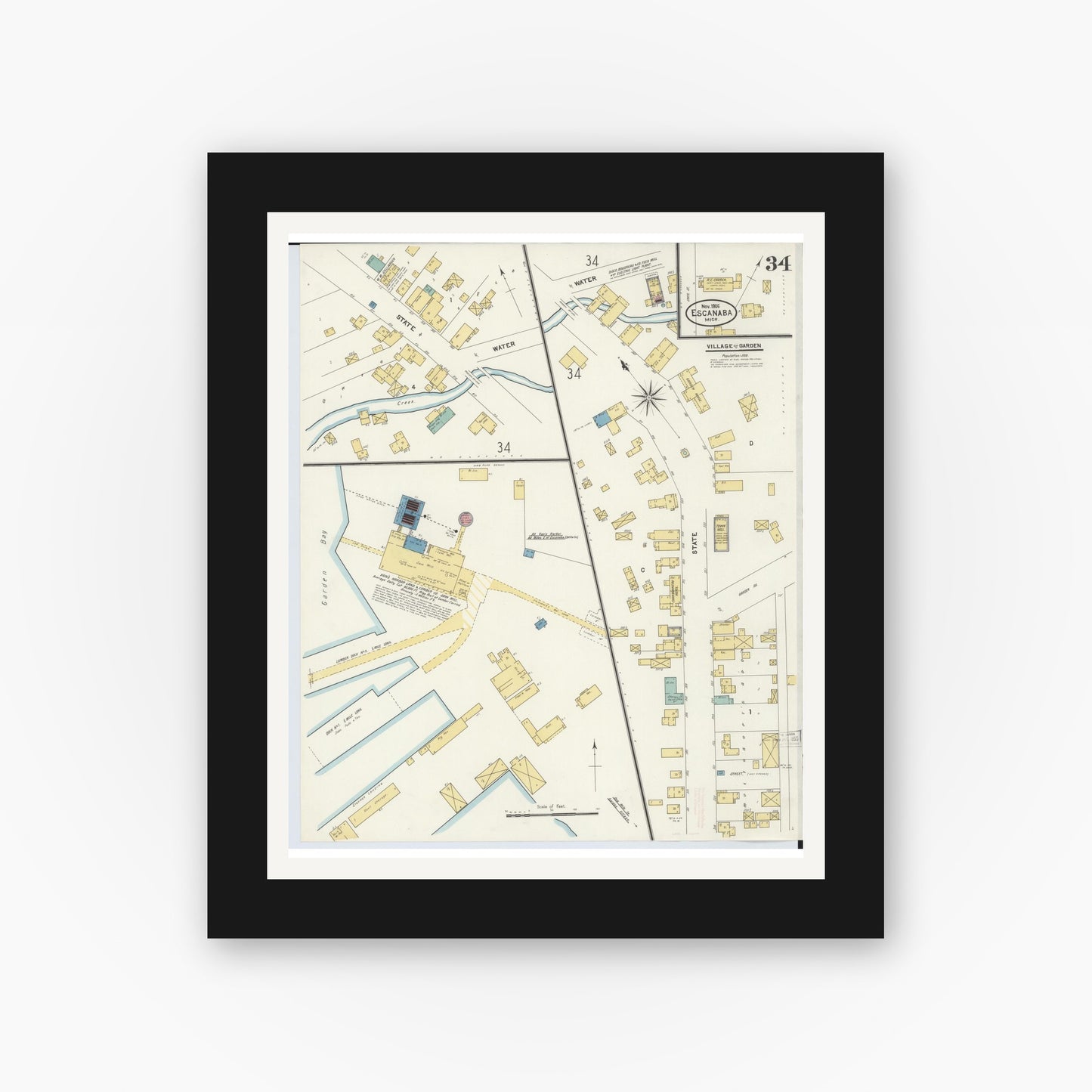 Old map wall art mockup — black gallery frame with white mat — Sanborn Fire Insurance Map from Escanaba, Delta County, Michigan (1906), Sheet #0034