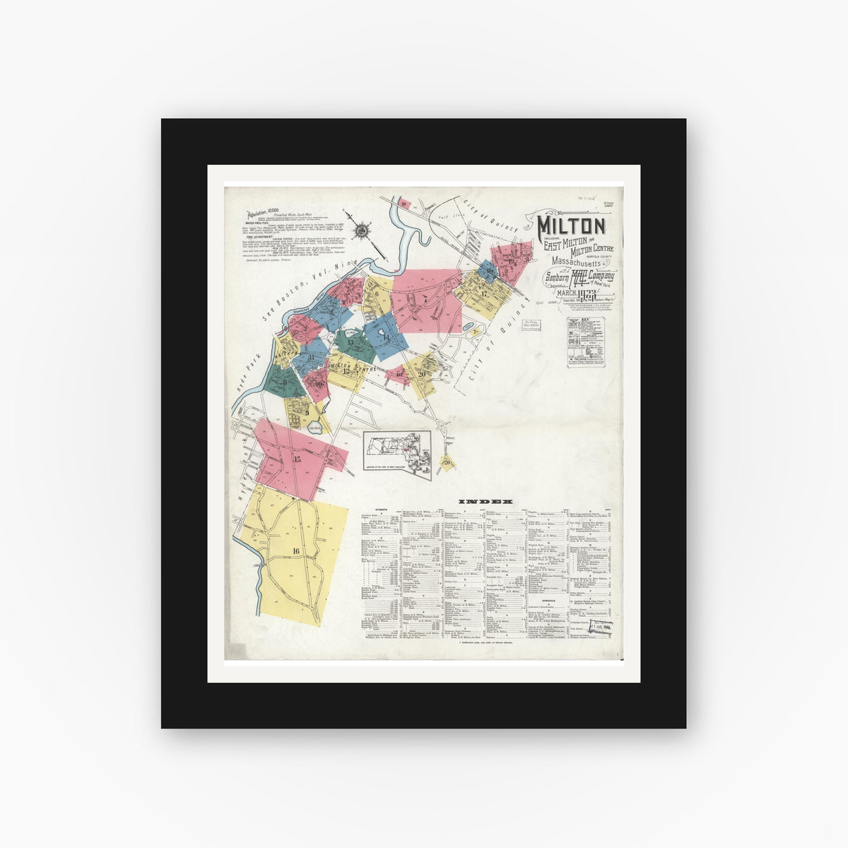 Old map wall art mockup — black gallery frame with white mat — Sanborn Fire Insurance Map from Milton, Norfolk County, Massachusetts (1923) - Complete Map Set