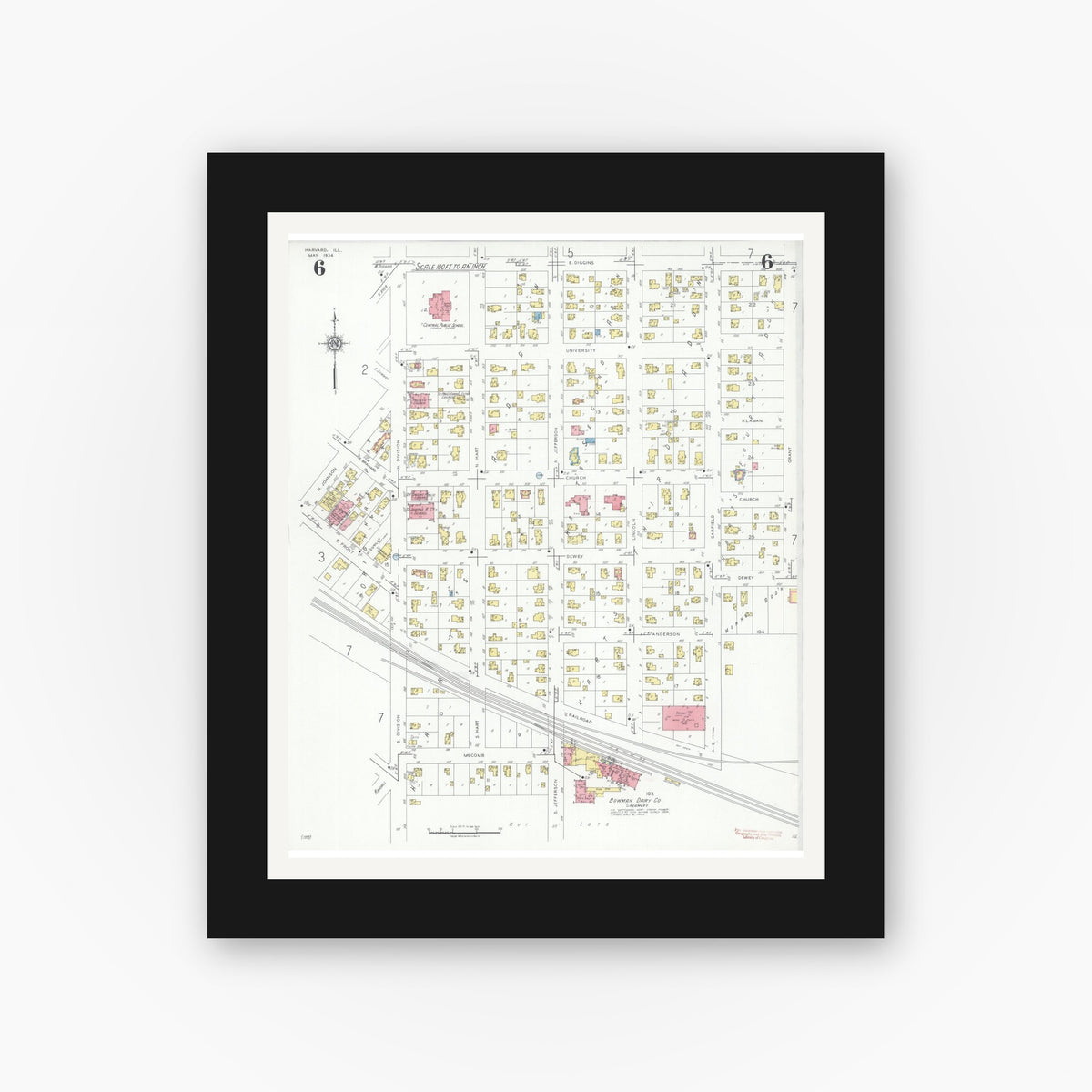 Old map wall art mockup — black gallery frame with white mat — Sanborn Fire Insurance Map from Harvard, McHenry County, Illinois (1934), Sheet #0006