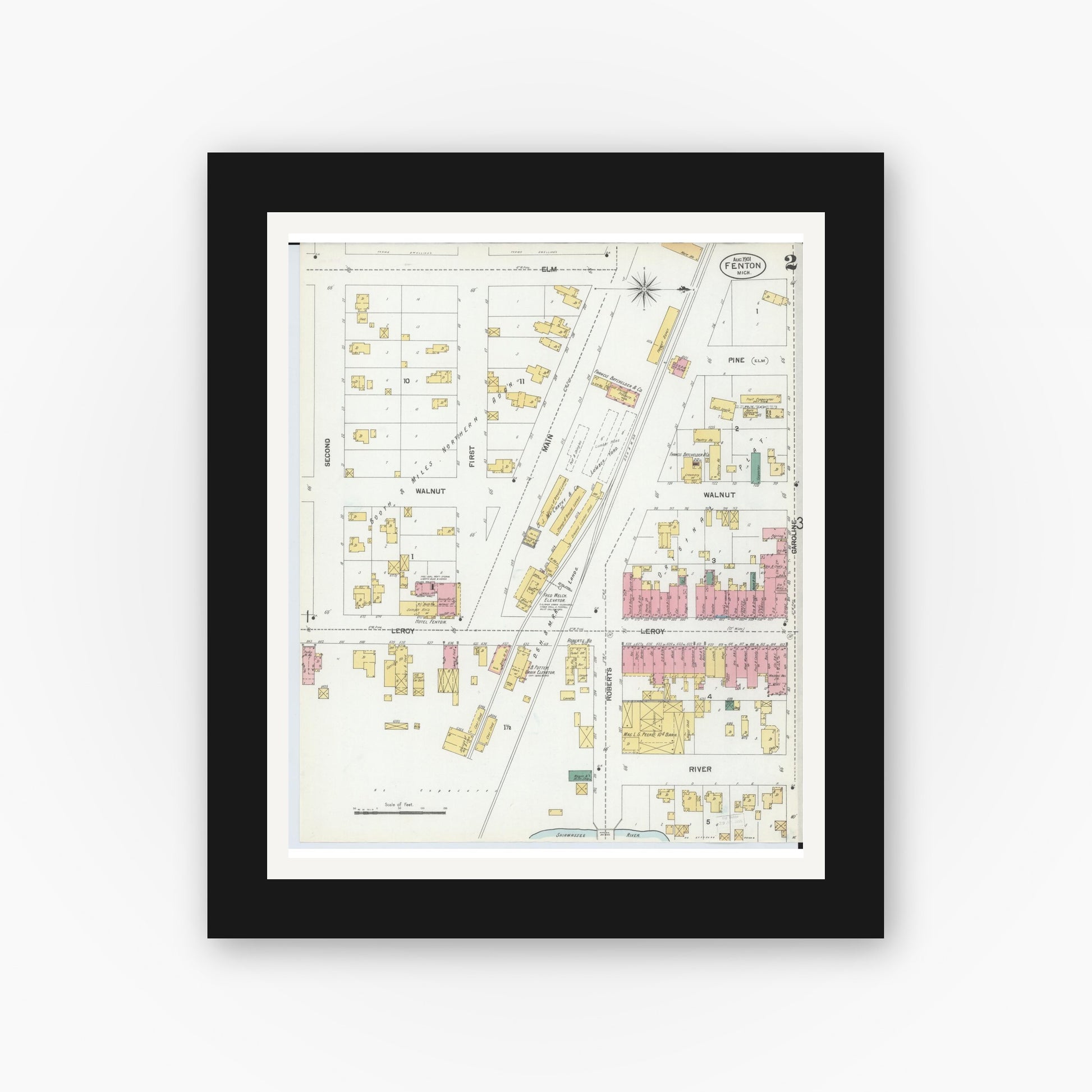 Old map wall art mockup — black gallery frame with white mat — Sanborn Fire Insurance Map from Fenton, Genesee County, Michigan (1901), Sheet #0002