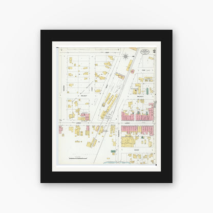 Old map wall art mockup — black gallery frame with white mat — Sanborn Fire Insurance Map from Fenton, Genesee County, Michigan (1901), Sheet #0002