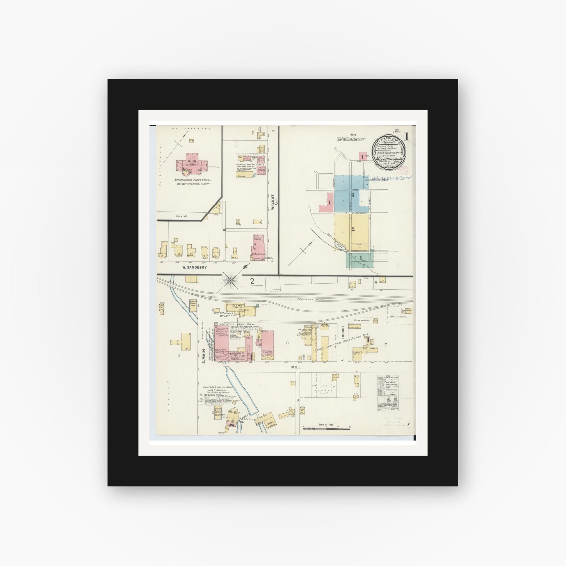 Old map wall art mockup — black gallery frame with white mat — Sanborn Fire Insurance Map from Mechanicsburg, Champaign County, Ohio (1897) - Complete Map Set