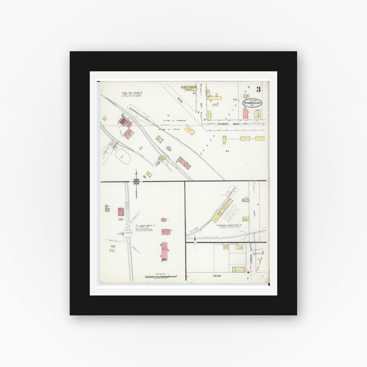 Old map wall art mockup — black gallery frame with white mat — Sanborn Fire Insurance Map from Stambaugh, Iron County, Michigan (1922), Sheet #0003
