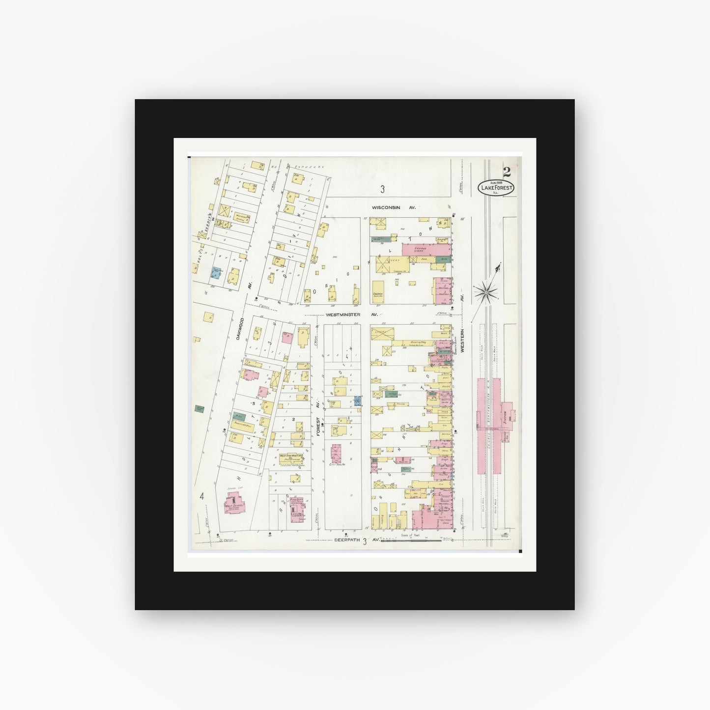 Old map wall art mockup — black gallery frame with white mat — Sanborn Fire Insurance Map from Lake Forest, Lake County, Illinois (1909), Sheet #0002