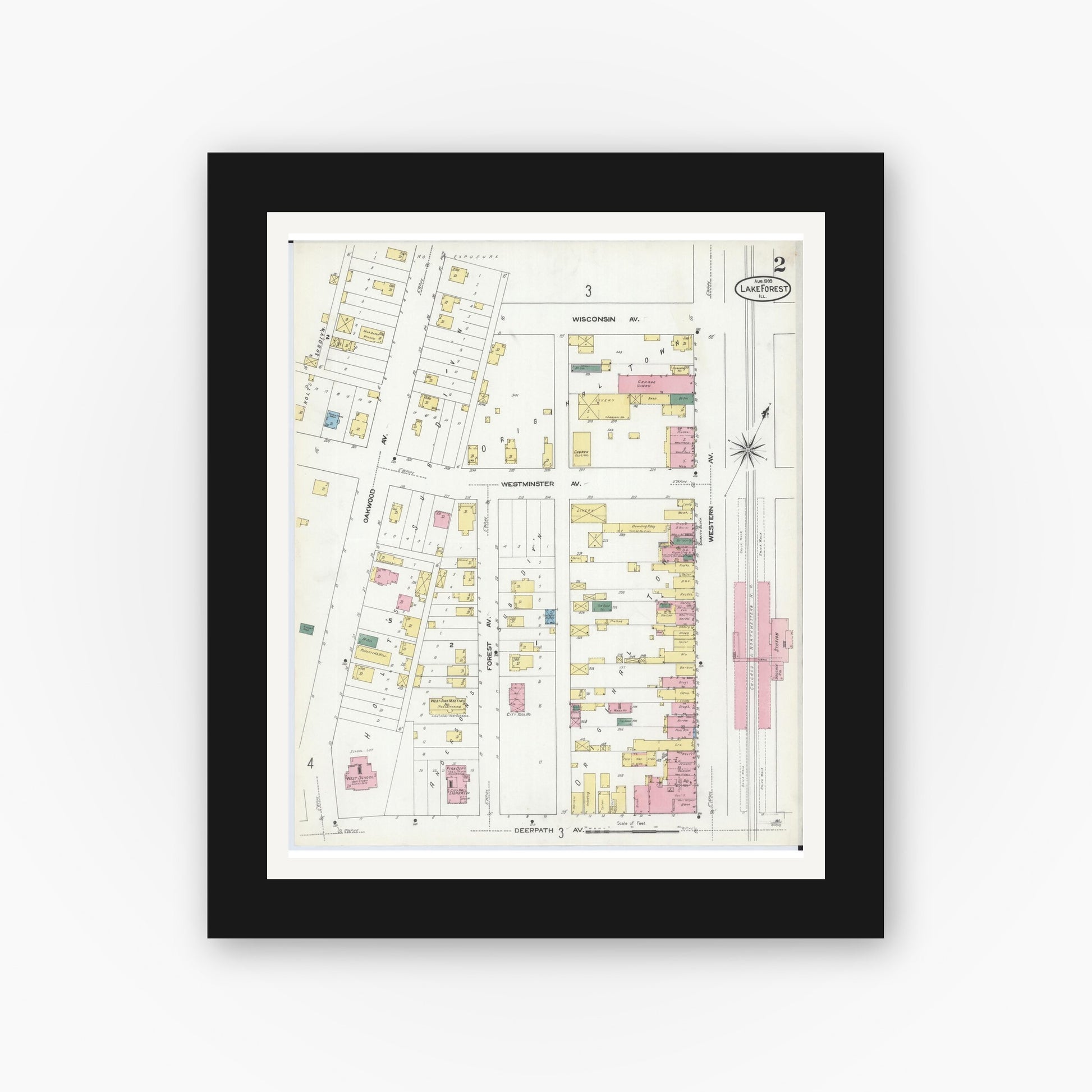 Old map wall art mockup — black gallery frame with white mat — Sanborn Fire Insurance Map from Lake Forest, Lake County, Illinois (1909), Sheet #0002