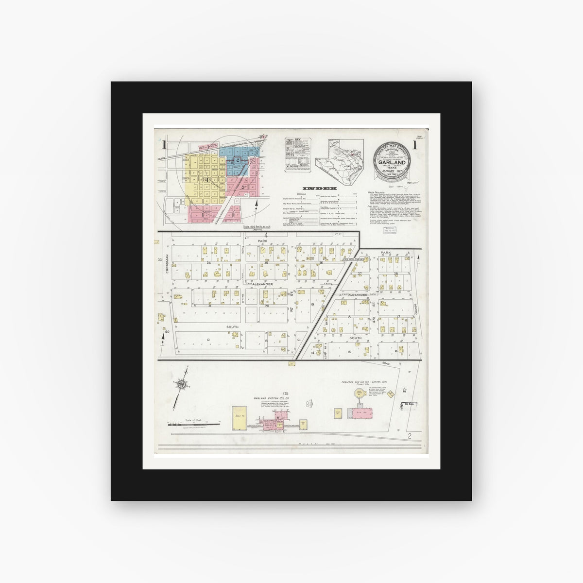 Old map wall art mockup — black gallery frame with white mat — Sanborn Fire Insurance Map from Garland, Dallas County, Texas (1927), Sheet #0001