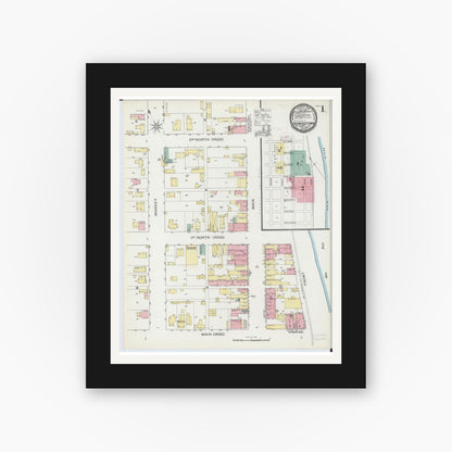 Old map wall art mockup — black gallery frame with white mat — Sanborn Fire Insurance Map from Shawneetown, Gallatin County, Illinois (1893), Sheet #0001