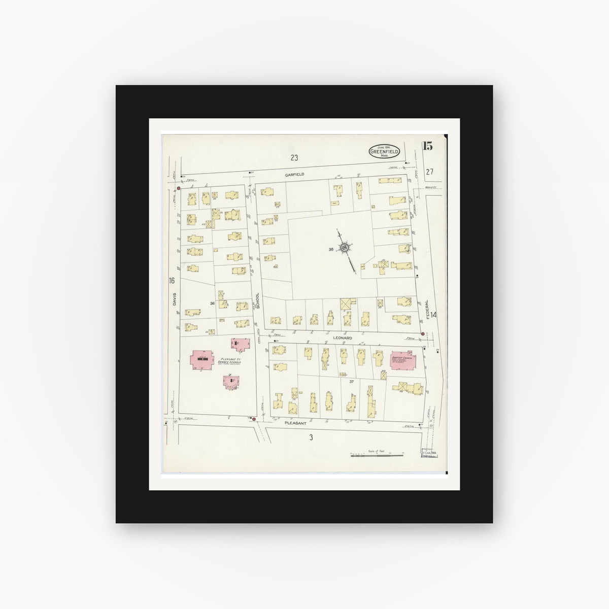 Old map wall art mockup — black gallery frame with white mat — Sanborn Fire Insurance Map from Greenfield, Franklin County, Massachusetts (1914), Sheet #0015