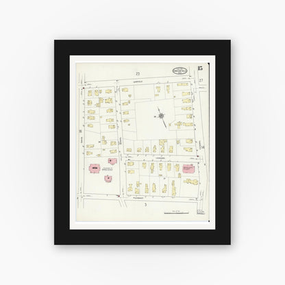 Old map wall art mockup — black gallery frame with white mat — Sanborn Fire Insurance Map from Greenfield, Franklin County, Massachusetts (1914), Sheet #0015
