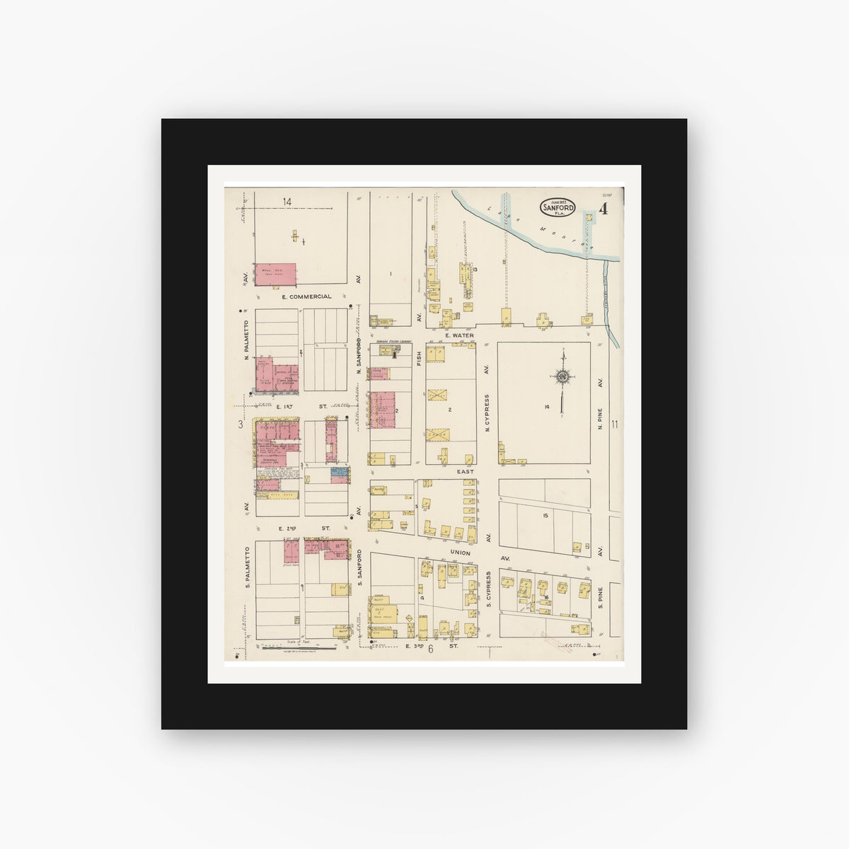 Old map wall art mockup — black gallery frame with white mat — Sanborn Fire Insurance Map from Sanford, Seminole County, Florida (1922), Sheet #0004