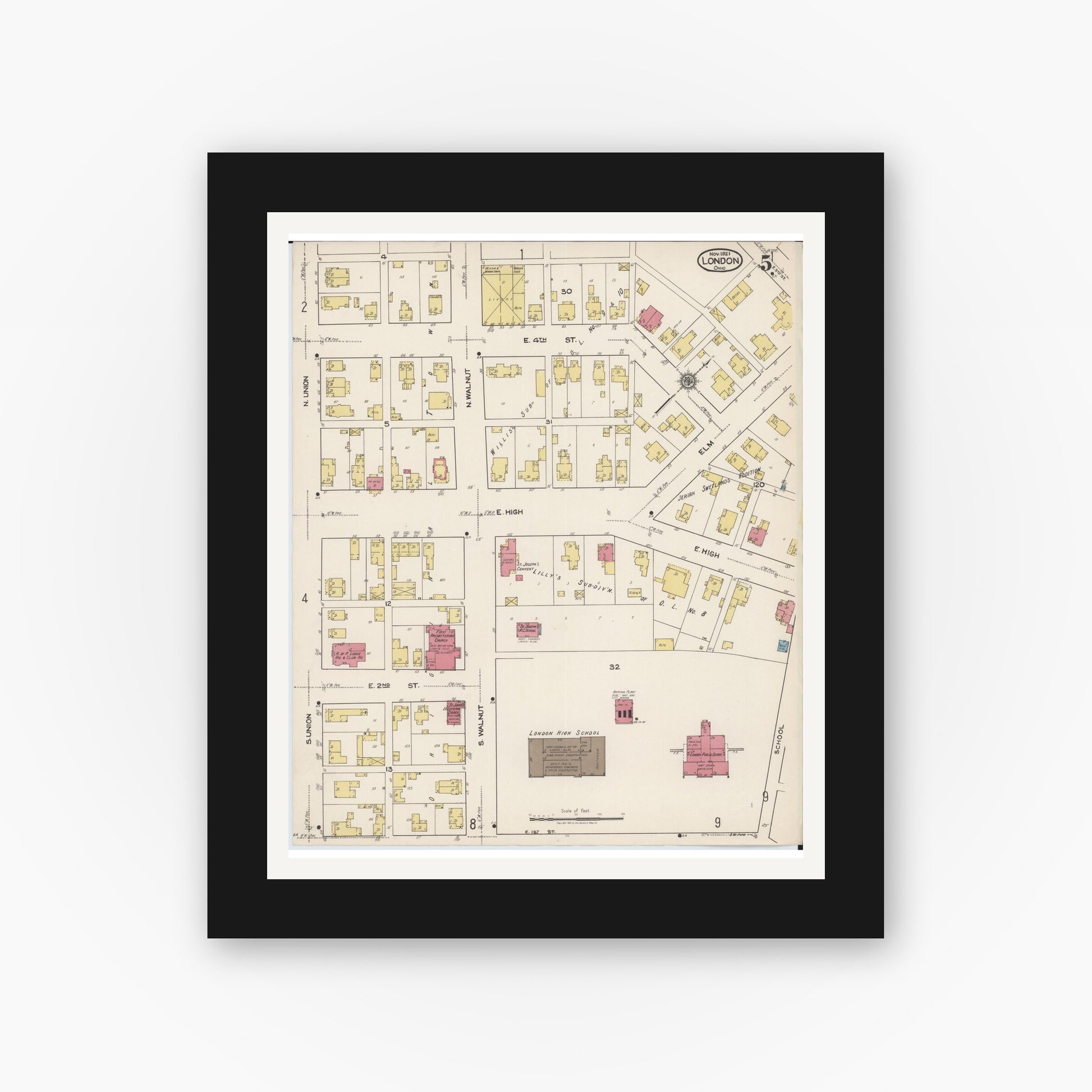 Old map wall art mockup — black gallery frame with white mat — Sanborn Fire Insurance Map from London, Madison County, Ohio (1921), Sheet #0005