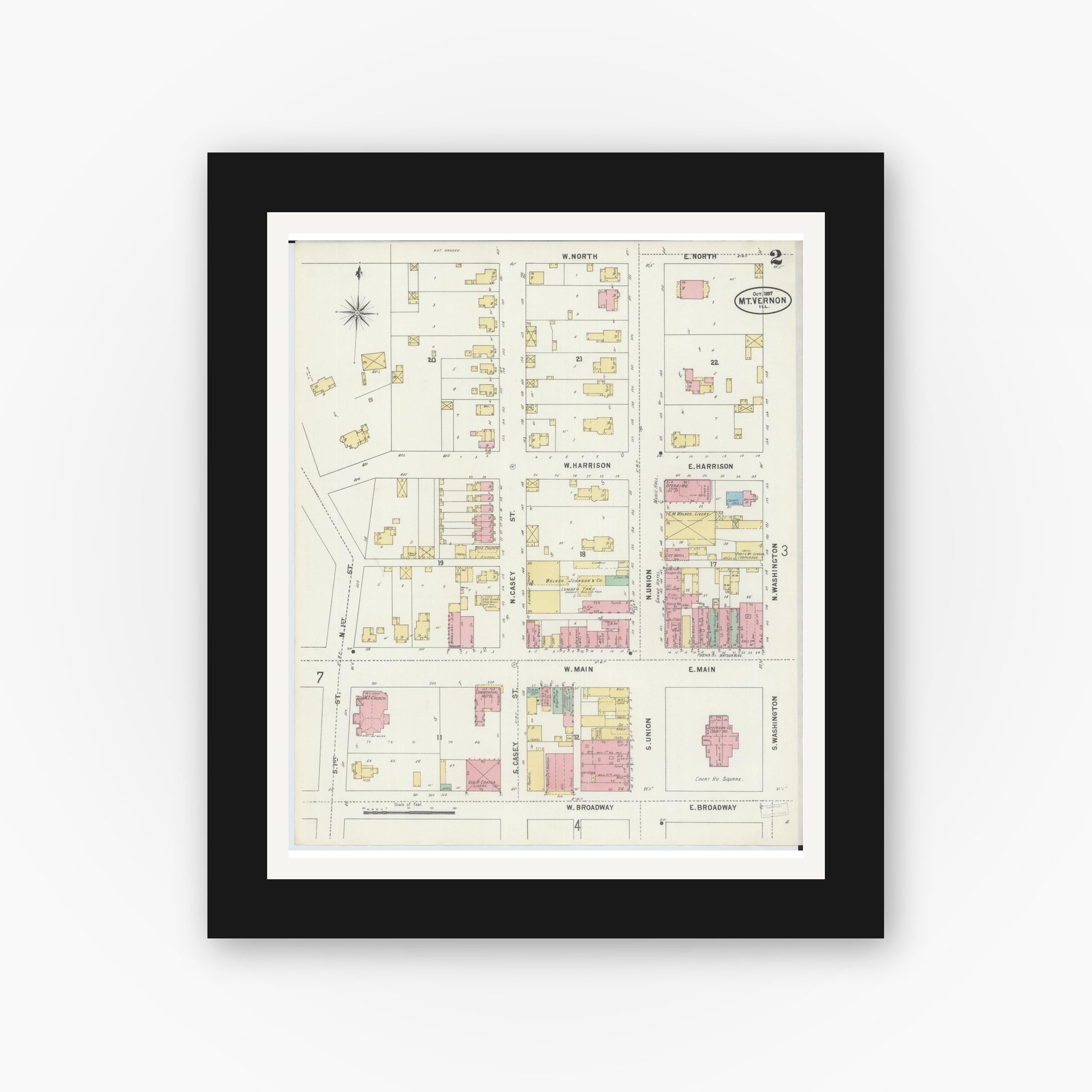 Old map wall art mockup — black gallery frame with white mat — Sanborn Fire Insurance Map from Mount Vernon, Jefferson County, Illinois (1897), Sheet #0002