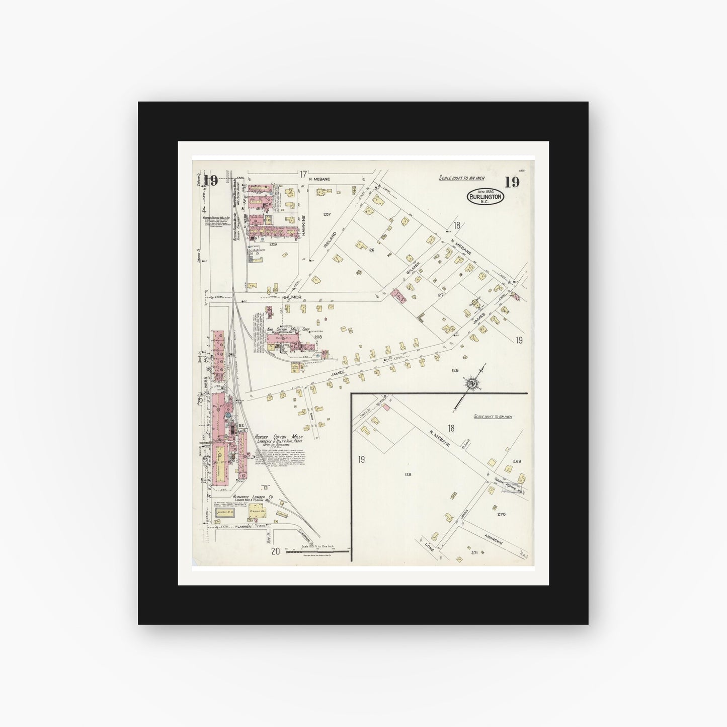 Old map wall art mockup — black gallery frame with white mat — Sanborn Fire Insurance Map from Burlington, Alamance County, North Carolina (1924), Sheet #0019