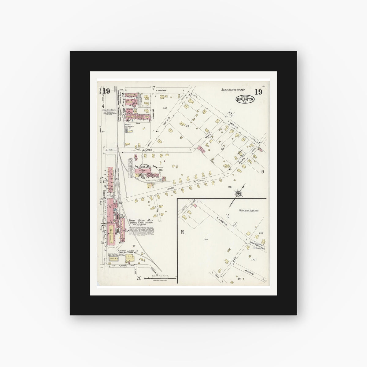 Old map wall art mockup — black gallery frame with white mat — Sanborn Fire Insurance Map from Burlington, Alamance County, North Carolina (1924), Sheet #0019