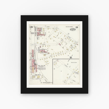 Old map wall art mockup — black gallery frame with white mat — Sanborn Fire Insurance Map from Burlington, Alamance County, North Carolina (1924), Sheet #0019