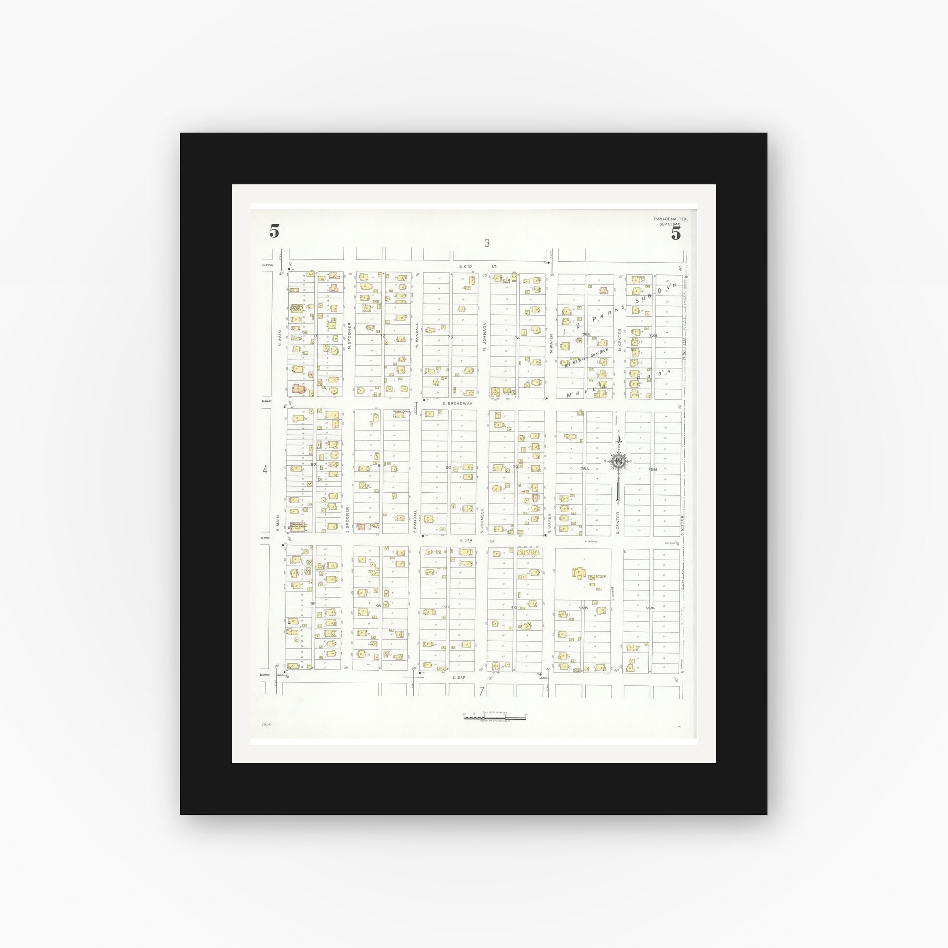 Old map wall art mockup — black gallery frame with white mat — Sanborn Fire Insurance Map from Pasadena, Harris County, Texas (1940), Sheet #0005