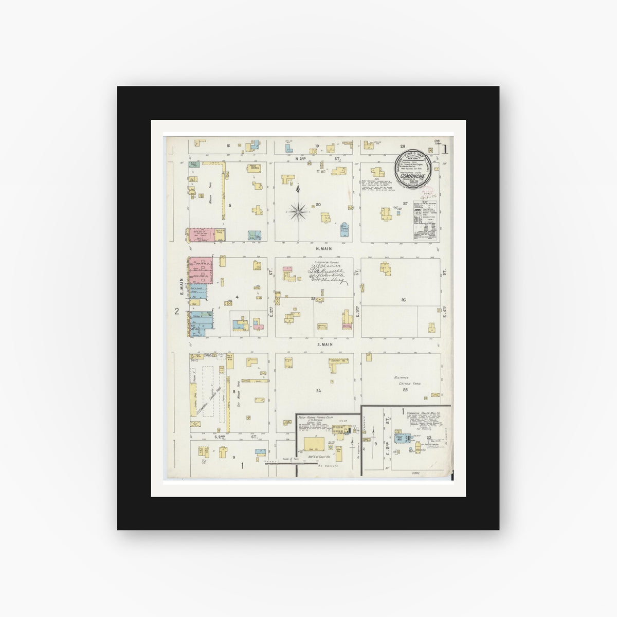 Old map wall art mockup — black gallery frame with white mat — Sanborn Fire Insurance Map from Comanche, Comanche County, Texas (1896) - Complete Map Set