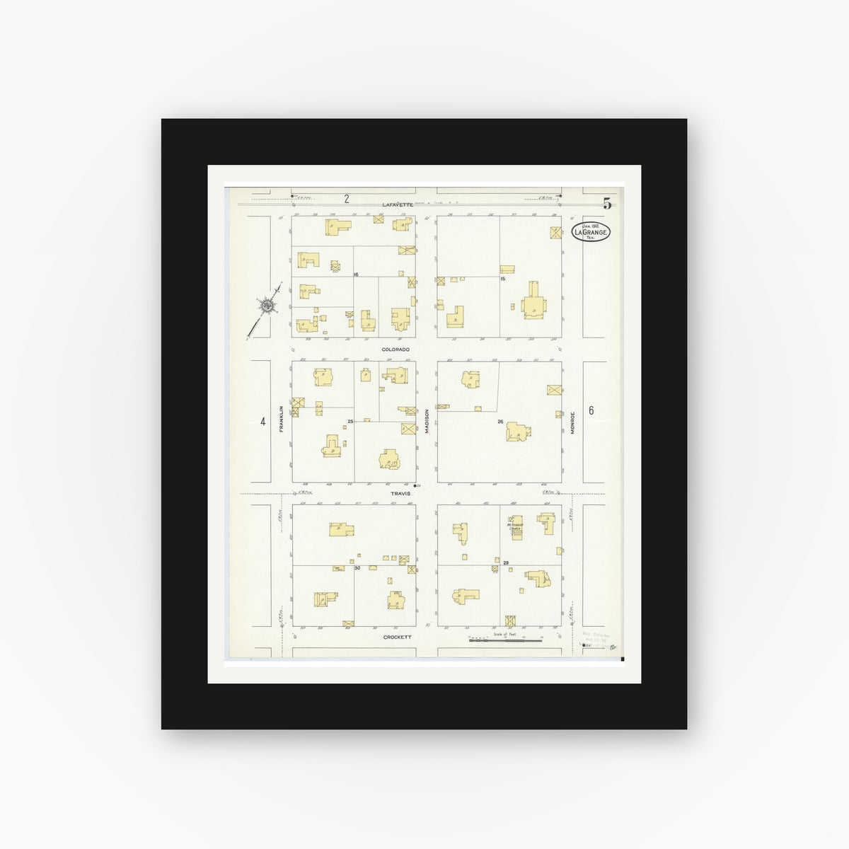 Old map wall art mockup — black gallery frame with white mat — Sanborn Fire Insurance Map from La Grange, Fayette County, Texas (1912), Sheet #0005