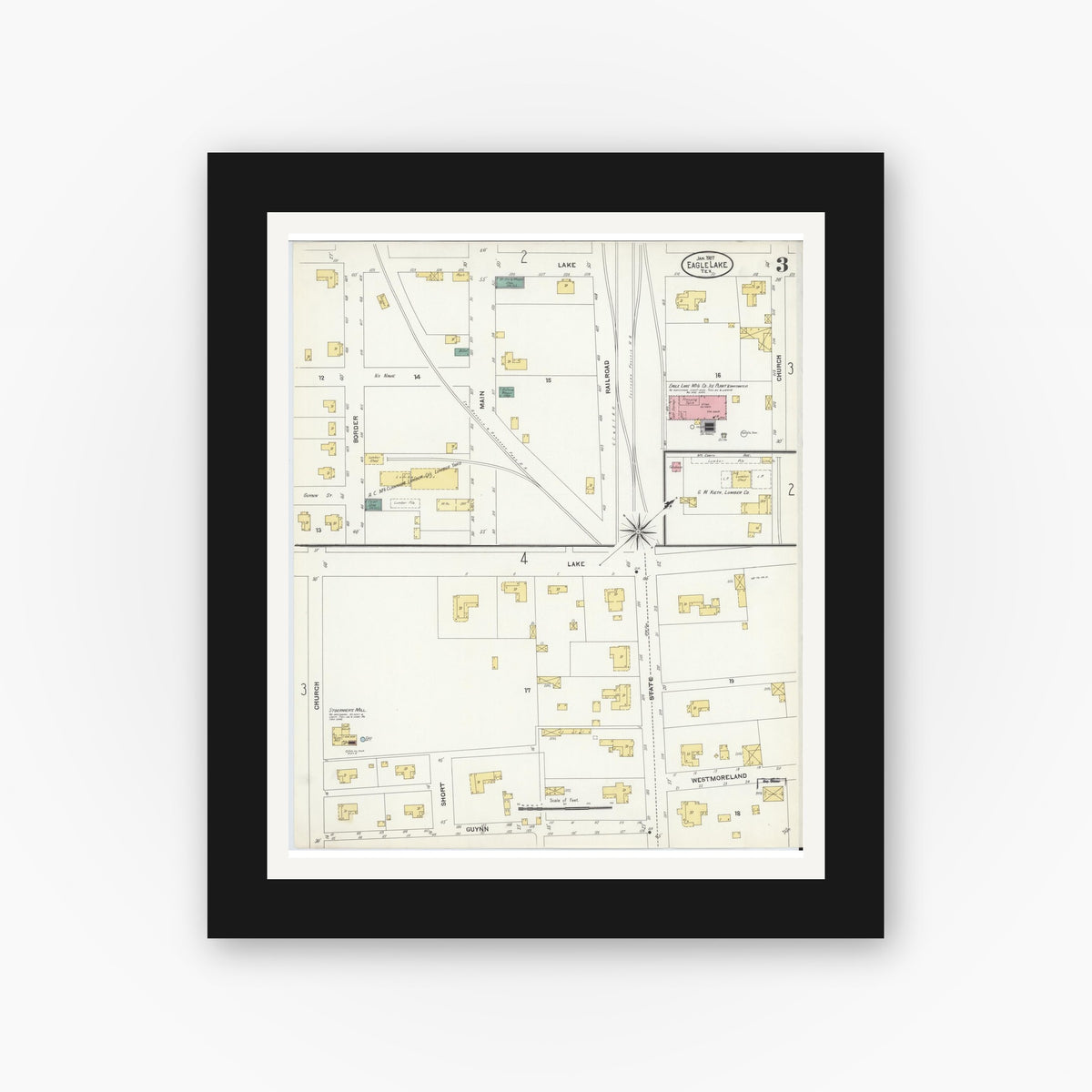 Old map wall art mockup — black gallery frame with white mat — Sanborn Fire Insurance Map from Eagle Lake, Colorado County, Texas (1907), Sheet #0003