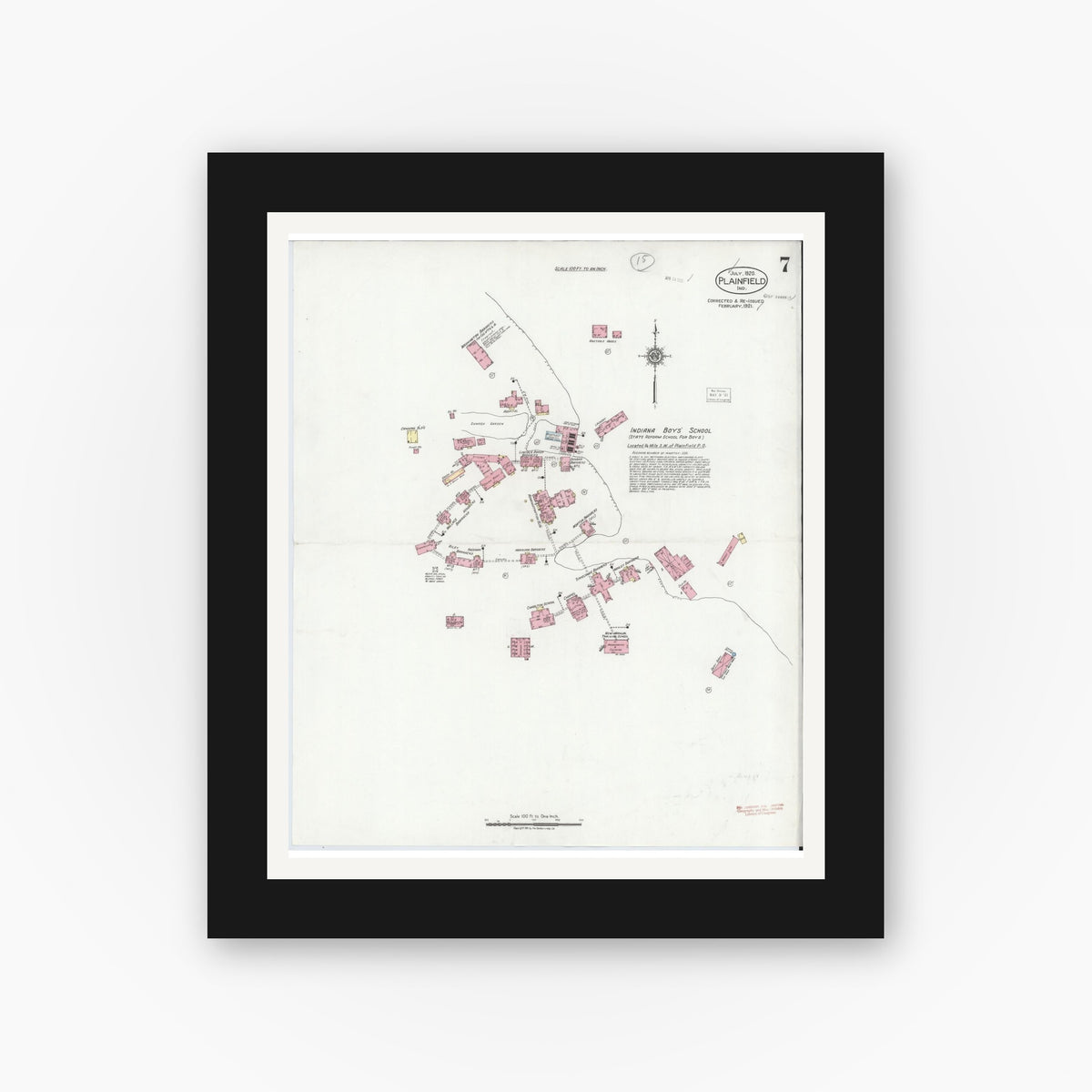 Old map wall art mockup — black gallery frame with white mat — Sanborn Fire Insurance Map from Plainfield, Hendricks County, Indiana (1921), Sheet #0007